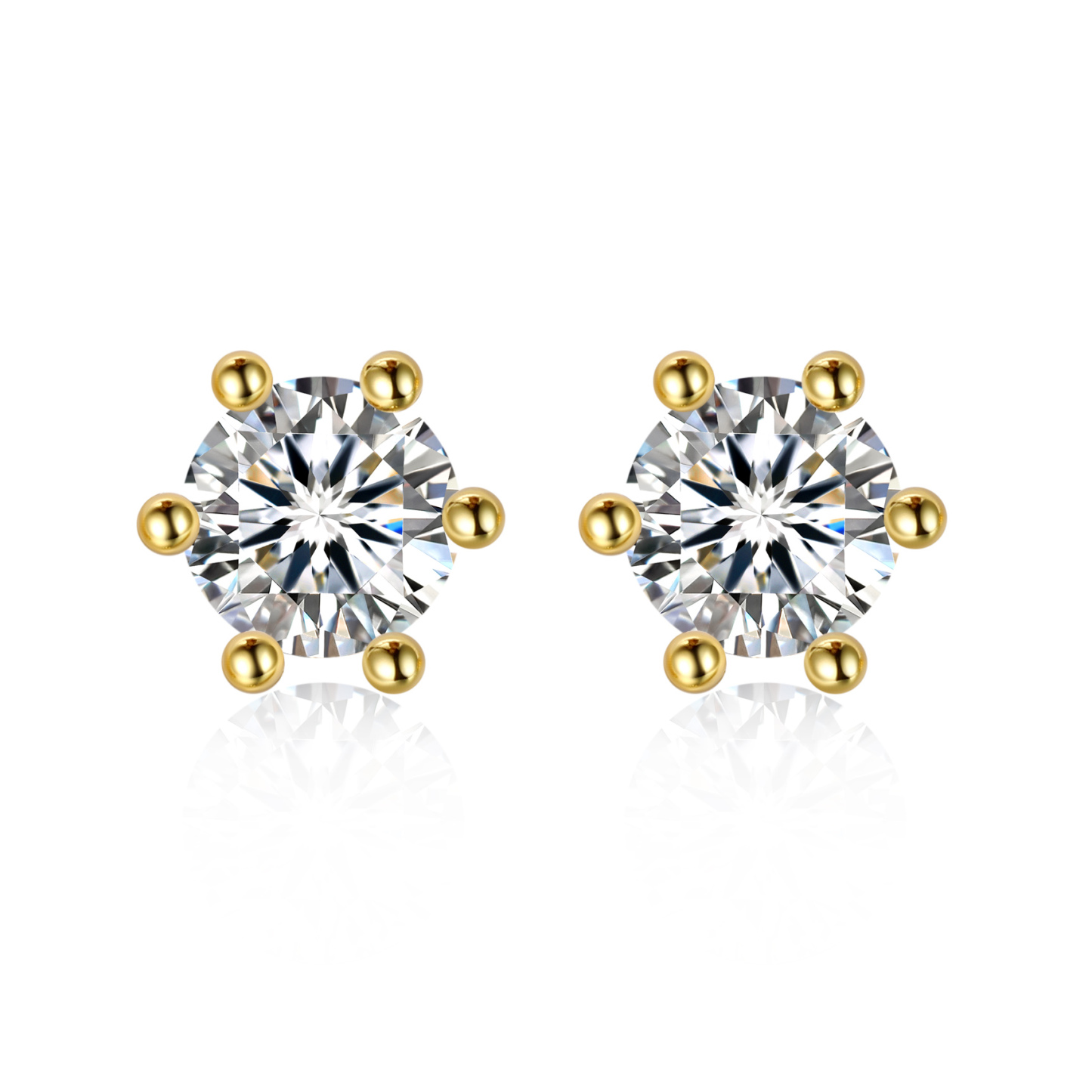 0.3 Carat Six-Prong Round Cut Moissanite Stud Earrings in Yellow Gold