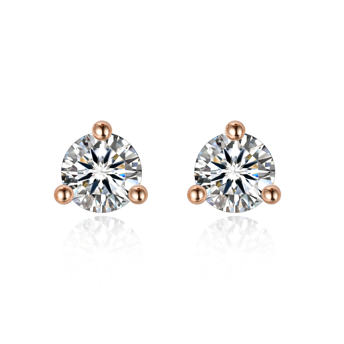 0.3 Carat Three-Prong Round Moissanite Stud Earrings in Rose Gold