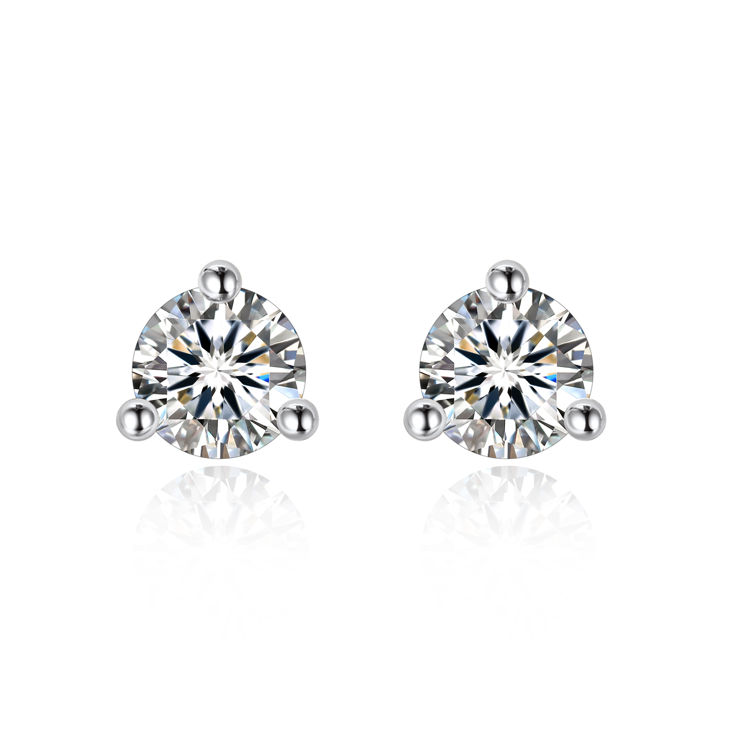 0.3 Carat Three-Prong Round Moissanite Stud Earrings in White Gold