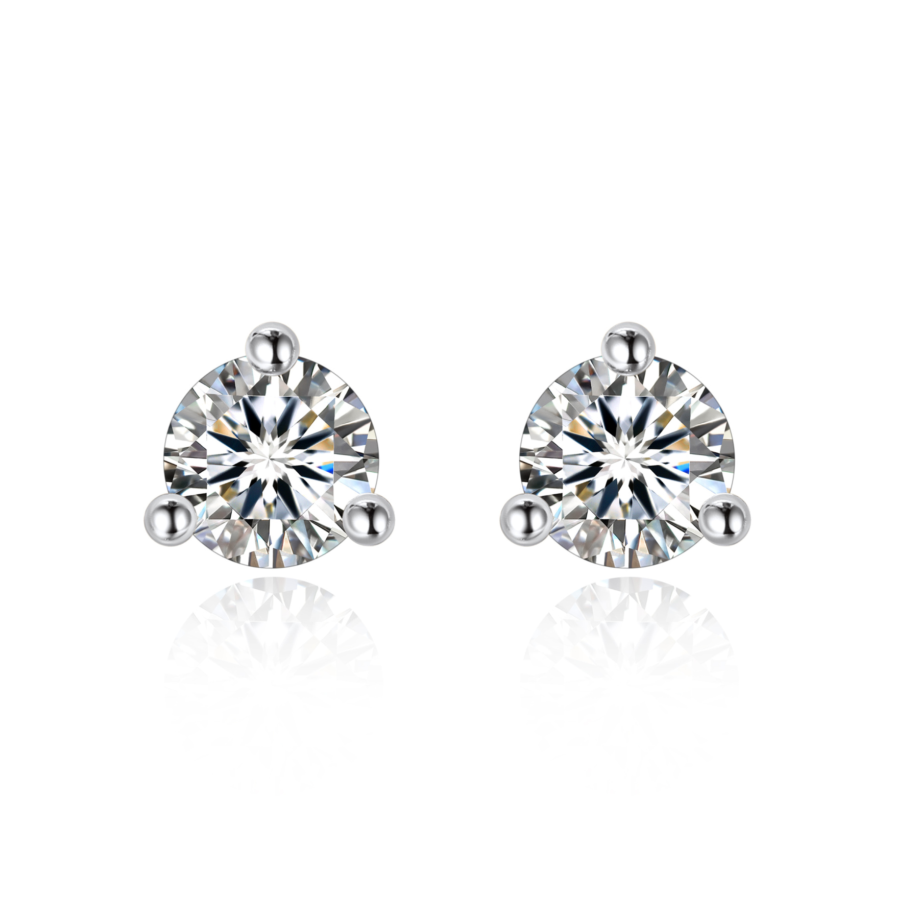 0.3 Carat Three-Prong Round Moissanite Stud Earrings in White Gold