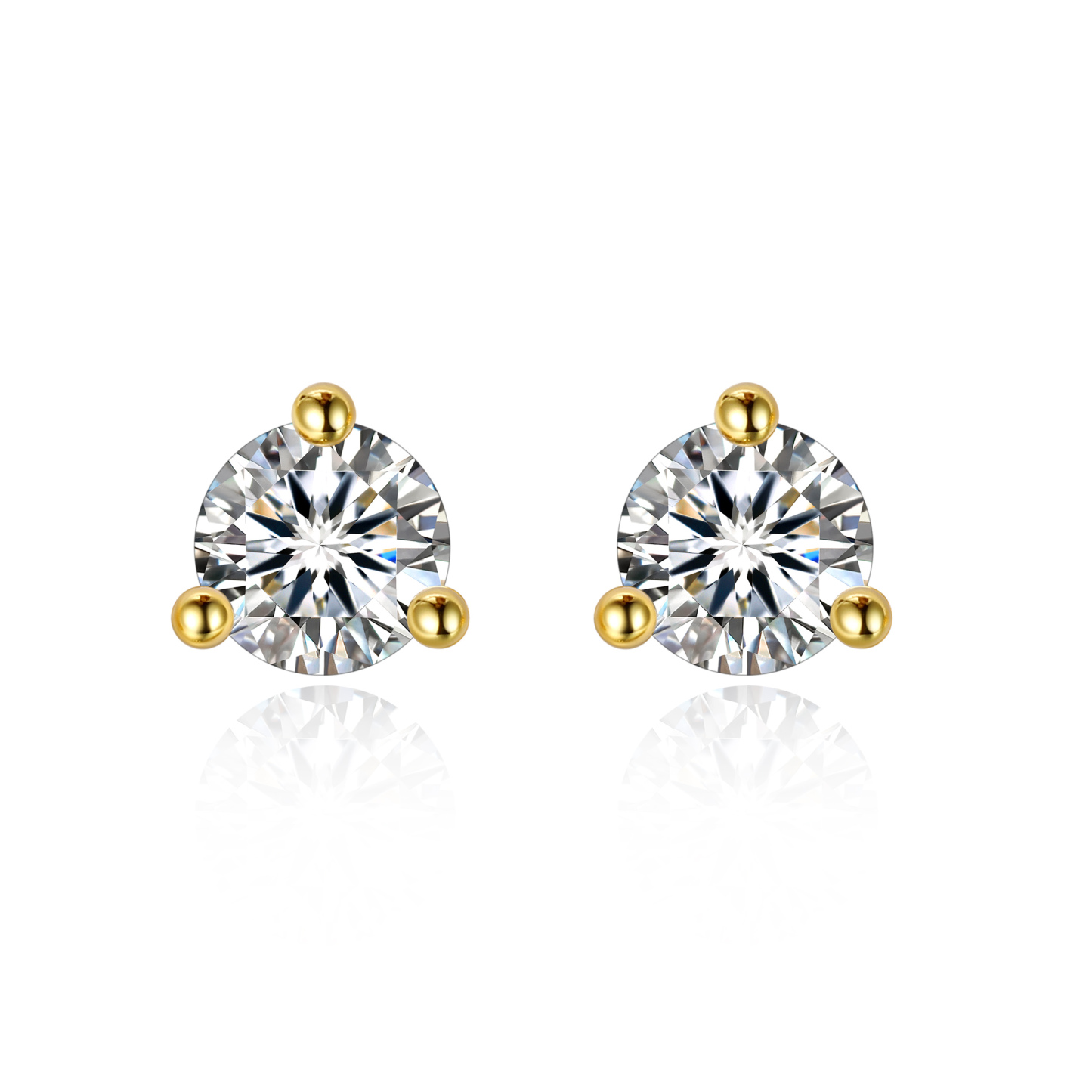 0.3 Carat Three-Prong Round Moissanite Stud Earrings in Yellow Gold