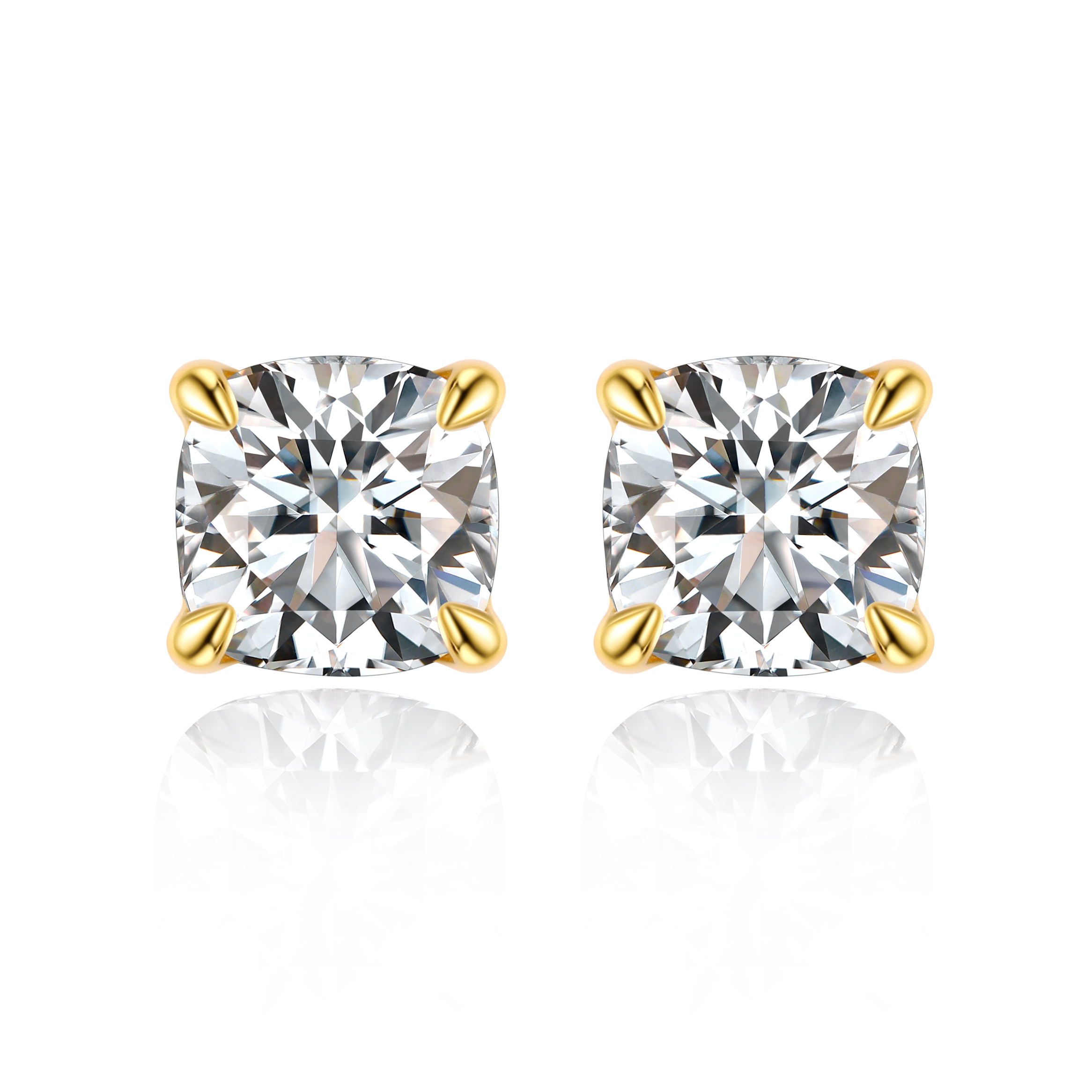 0.5 Carat Four-Prong Cushion Cut Moissanite Stud Earrings in Yellow Gold