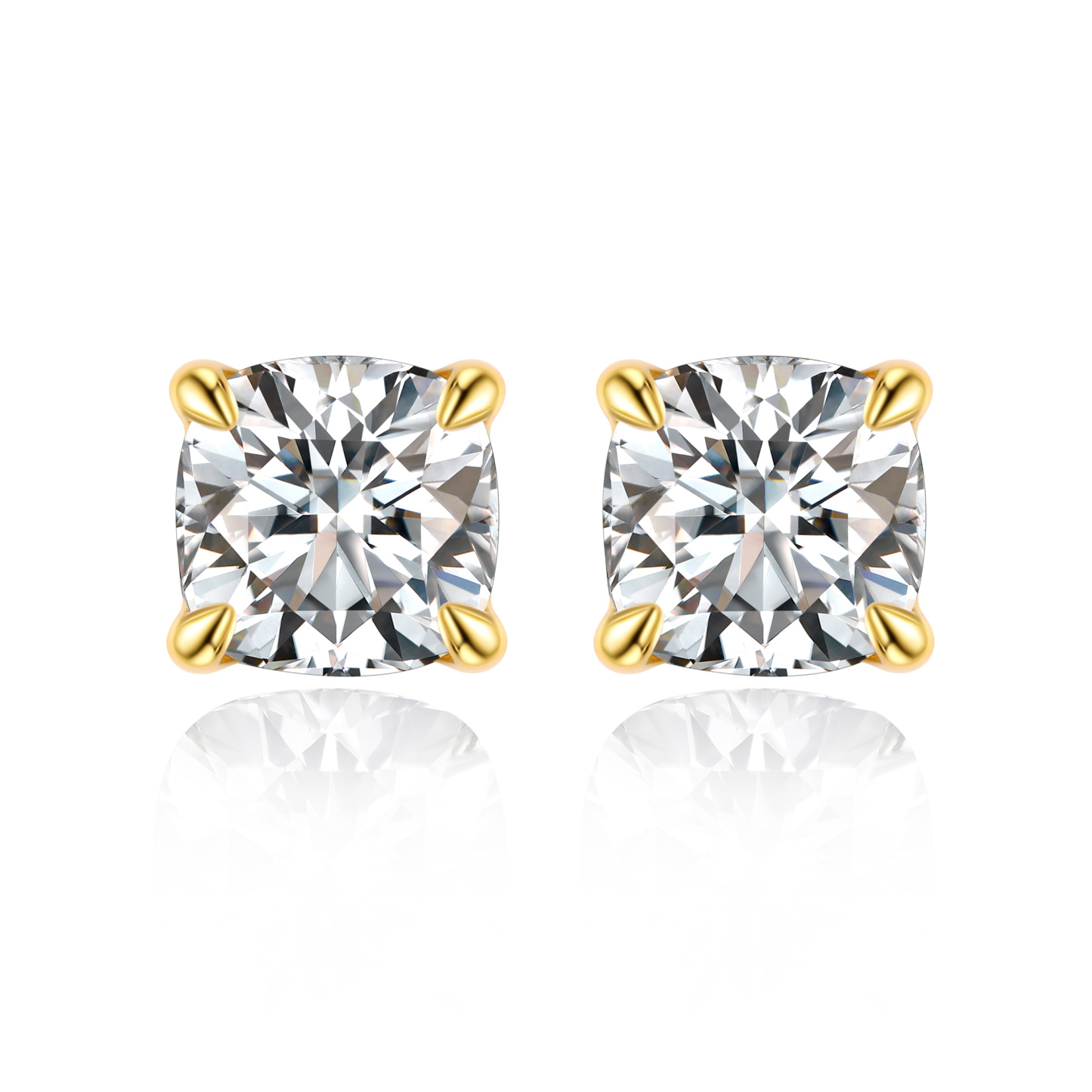 0.5 Carat Four-Prong Cushion Cut Moissanite Stud Earrings in Yellow Gold