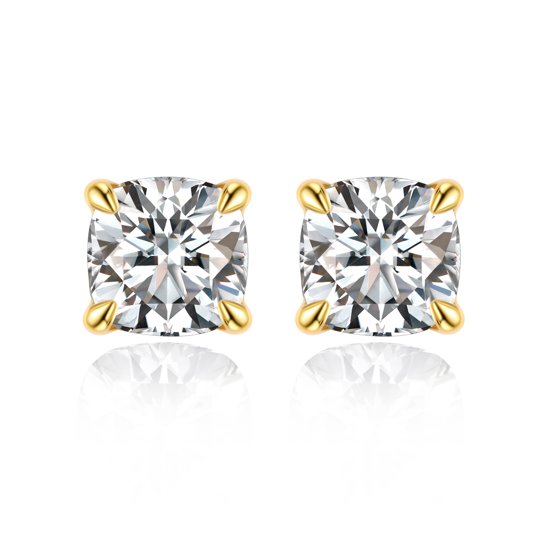 0.5 Carat Four-Prong Cushion Cut Moissanite Stud Earrings in Yellow Gold
