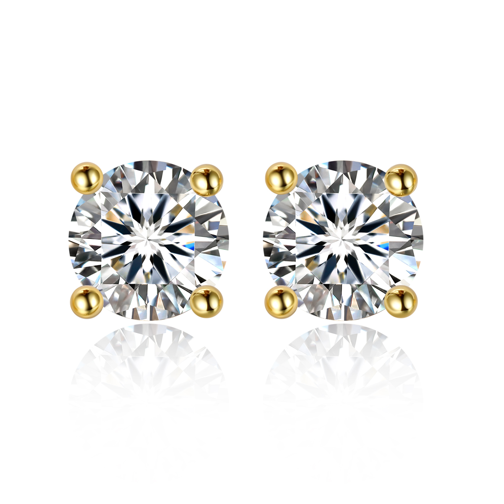 0.5 Carat Four Prong Round Moissanite Stud Earrings in Yellow Gold