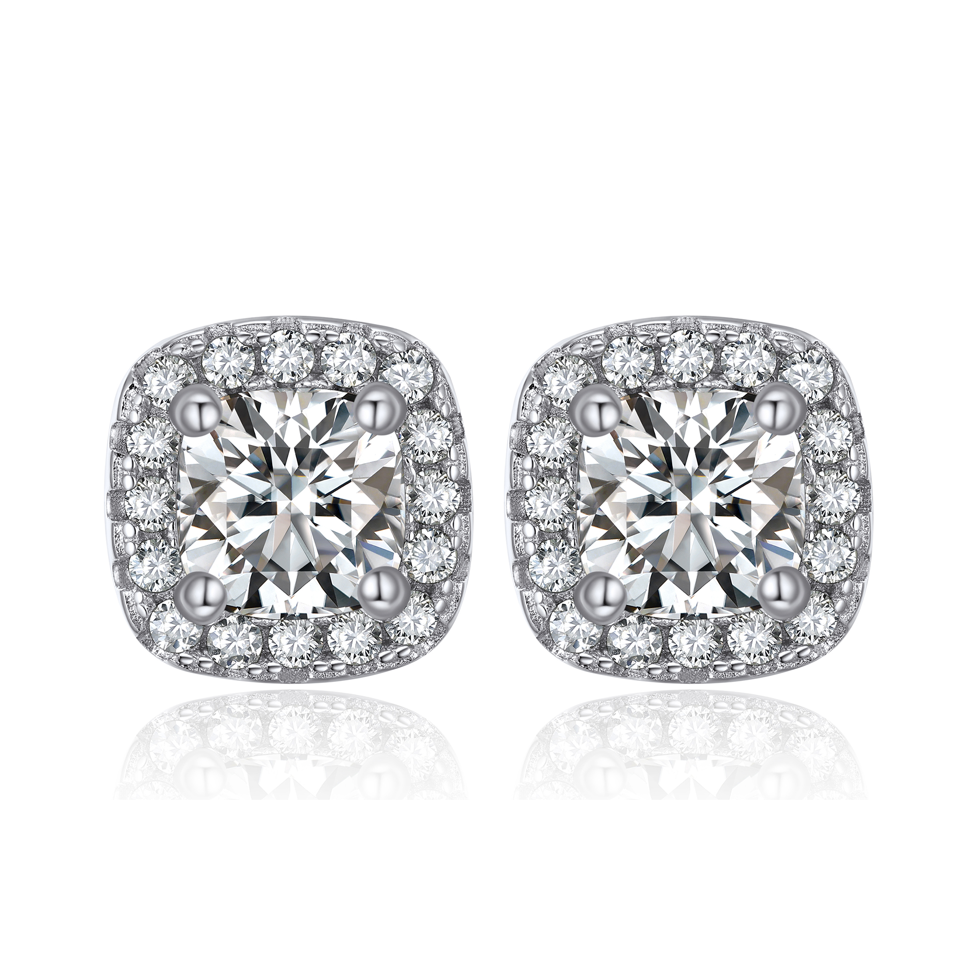 0.5 Carat Halo Cushion Cut Moissanite Stud Earrings in White Gold
