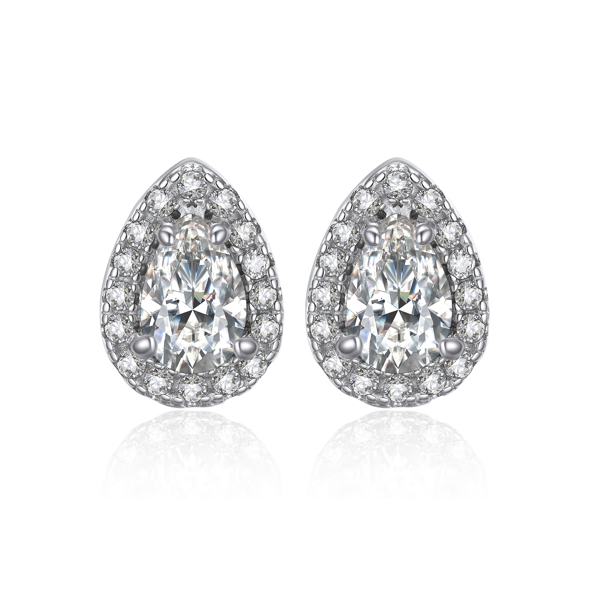 0.5 Carat Halo Pear Cut Moissanite Stud Earrings in White Gold