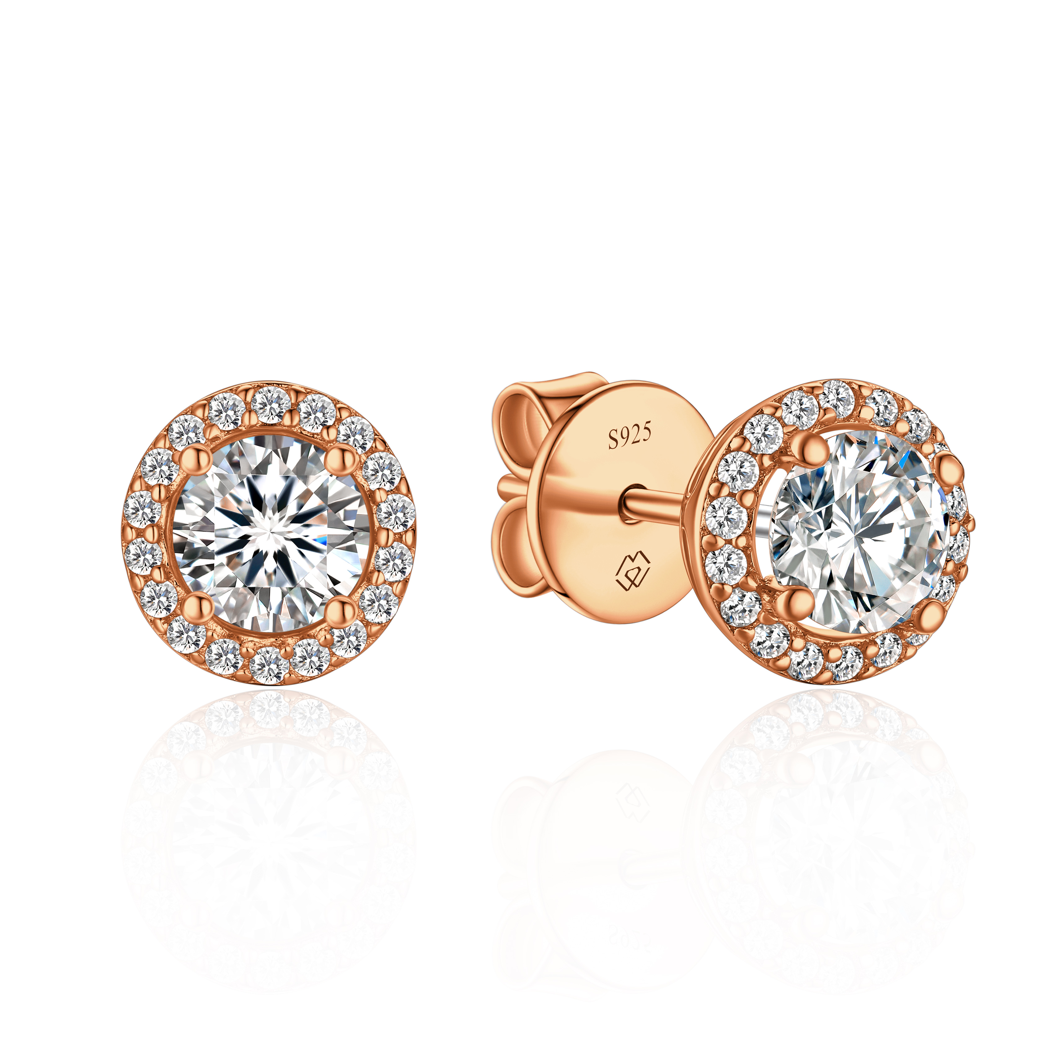 0.5 Carat Halo Round Moissanite Stud Earrings in Rose Gold