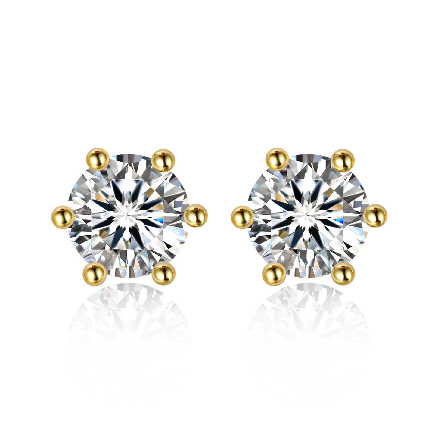0.5 Carat Six-Prong Round Cut Moissanite Stud Earrings in Yellow Gold