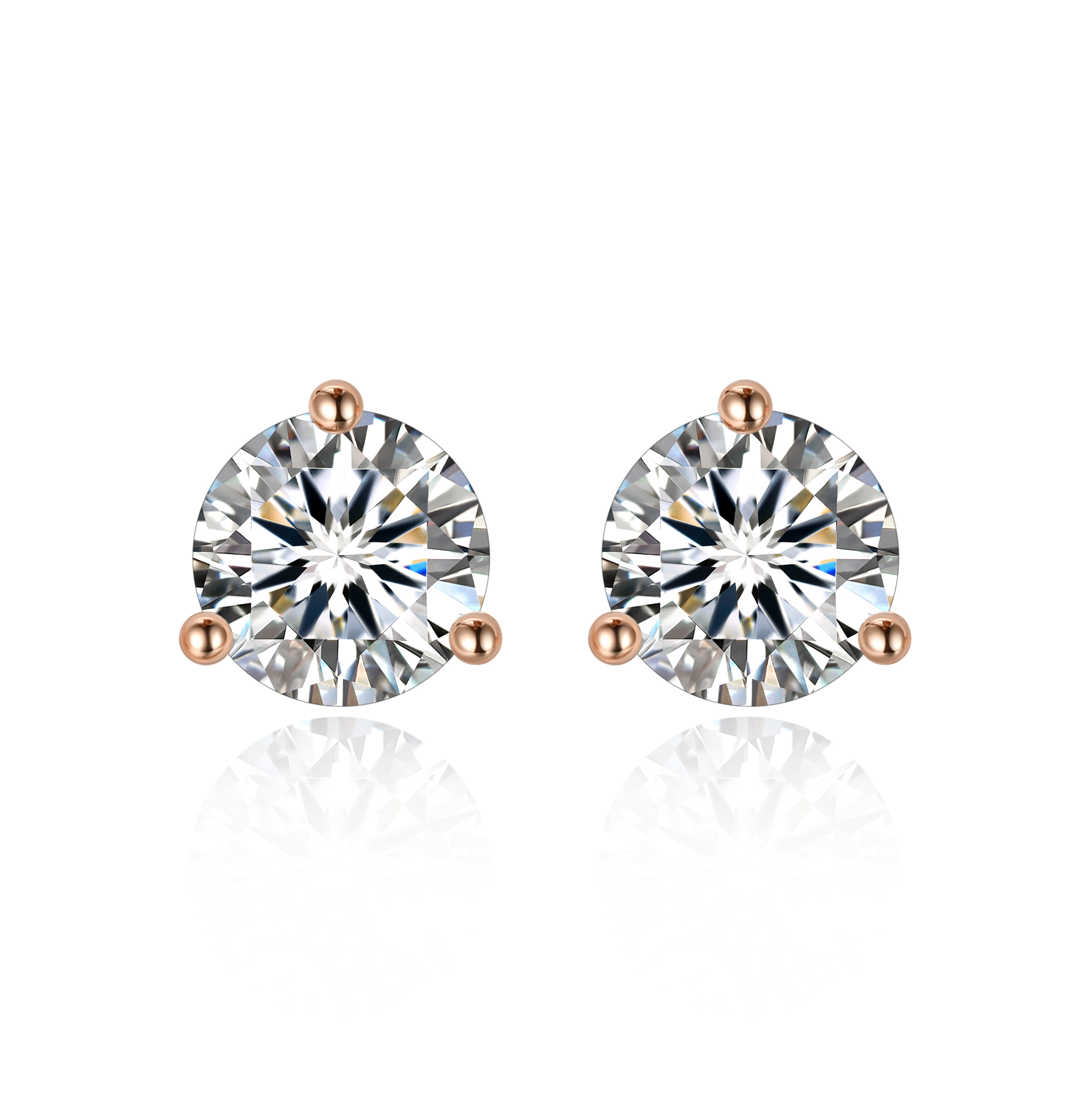 0.5 Carat Three-Prong Round Moissanite Stud Earrings in Rose Gold