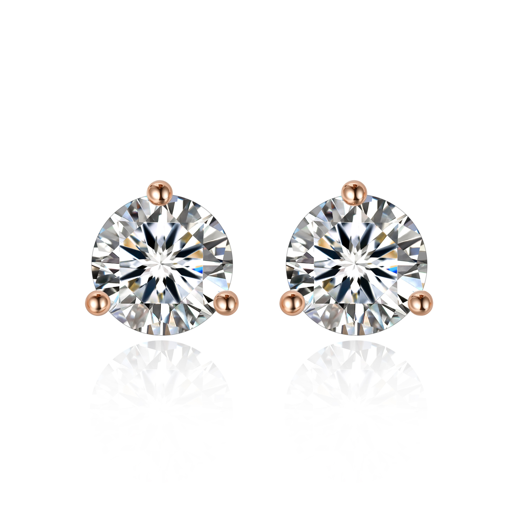 0.5 Carat Three-Prong Round Moissanite Stud Earrings in Rose Gold
