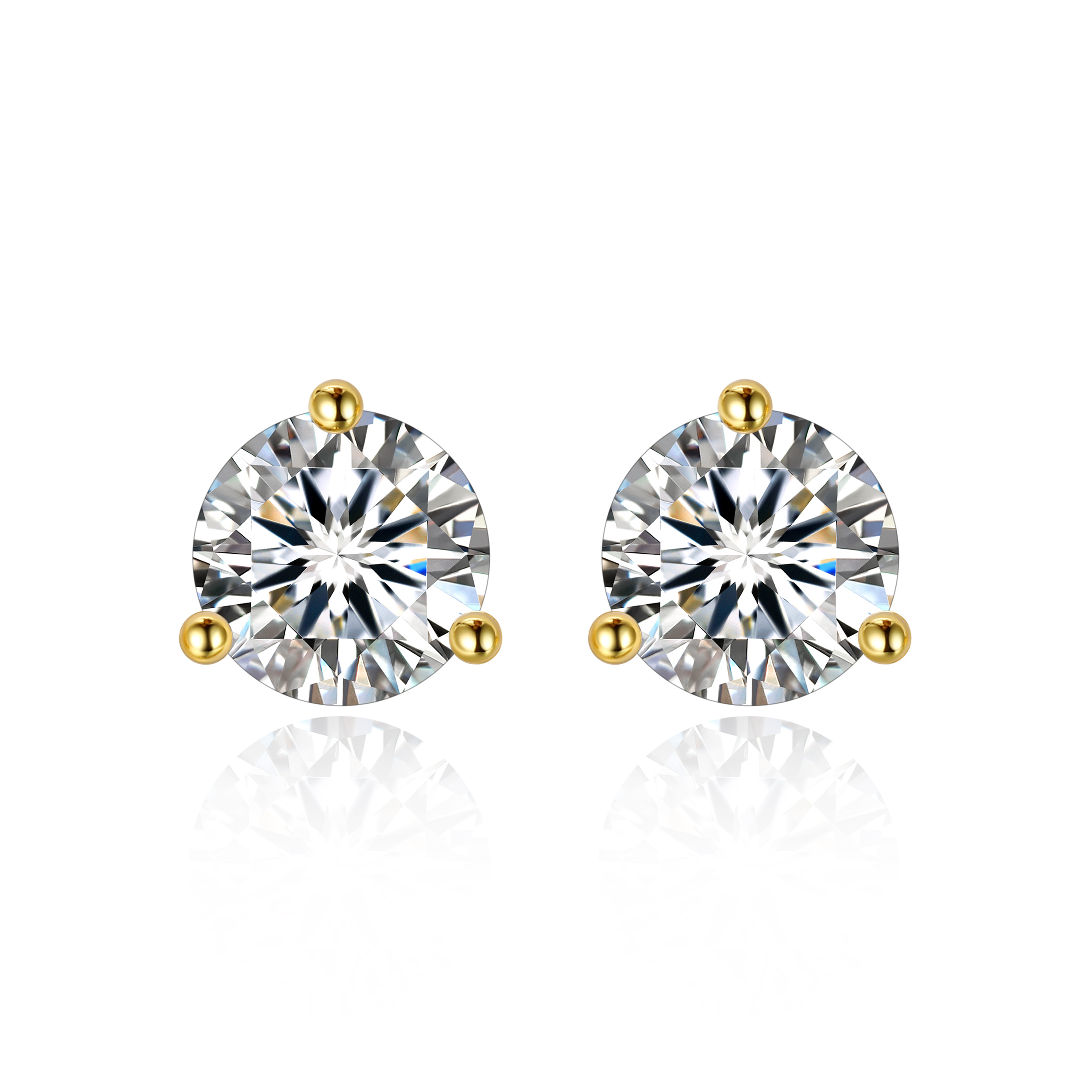 0.5 Carat Three-Prong Round Moissanite Stud Earrings in Yellow Gold
