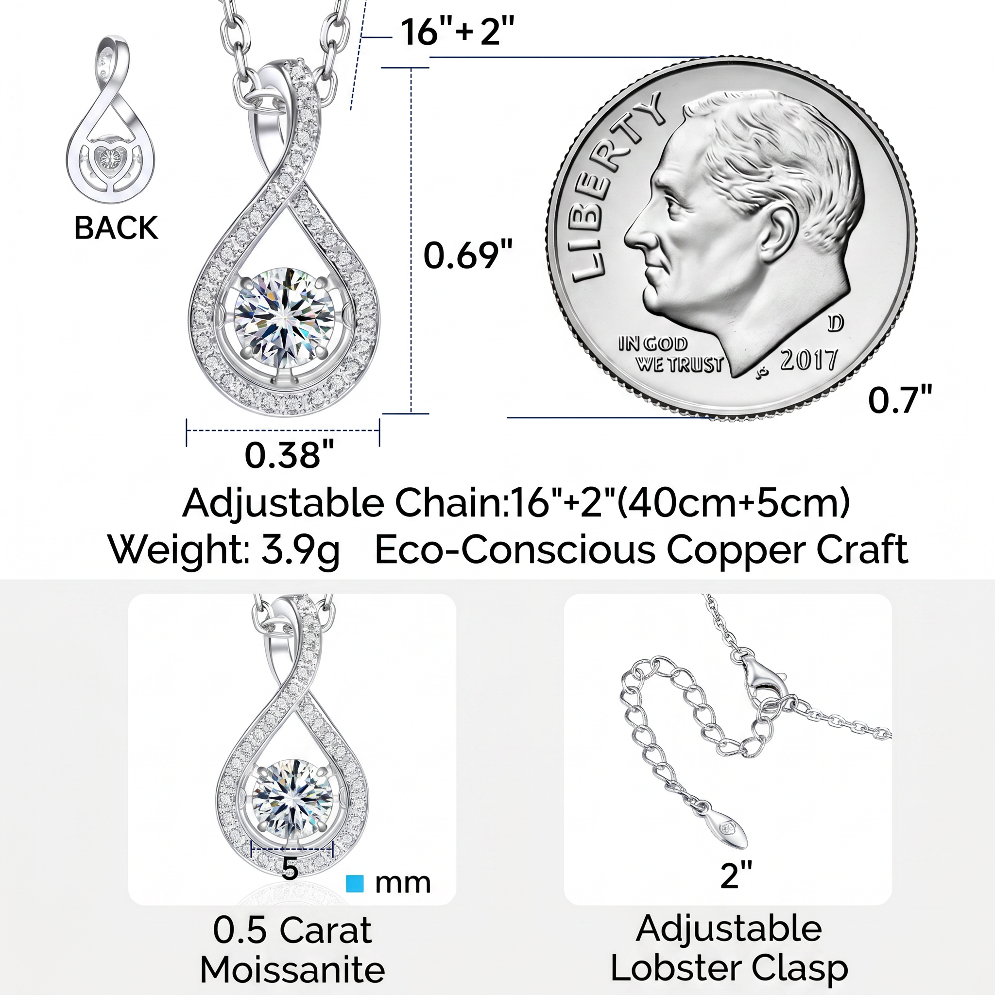 0.5ct Moissanite Infinity Pendant Necklace Gift for Her