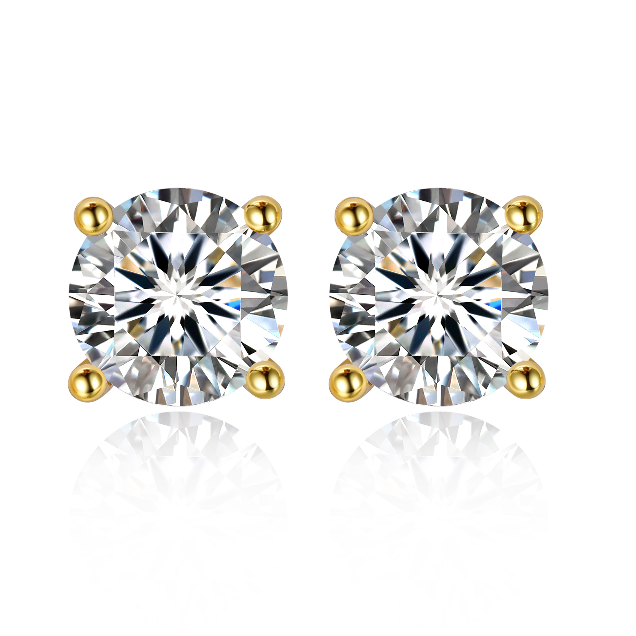 1.5 Carat Four Prong Round Moissanite Stud Earrings in Yellow Gold