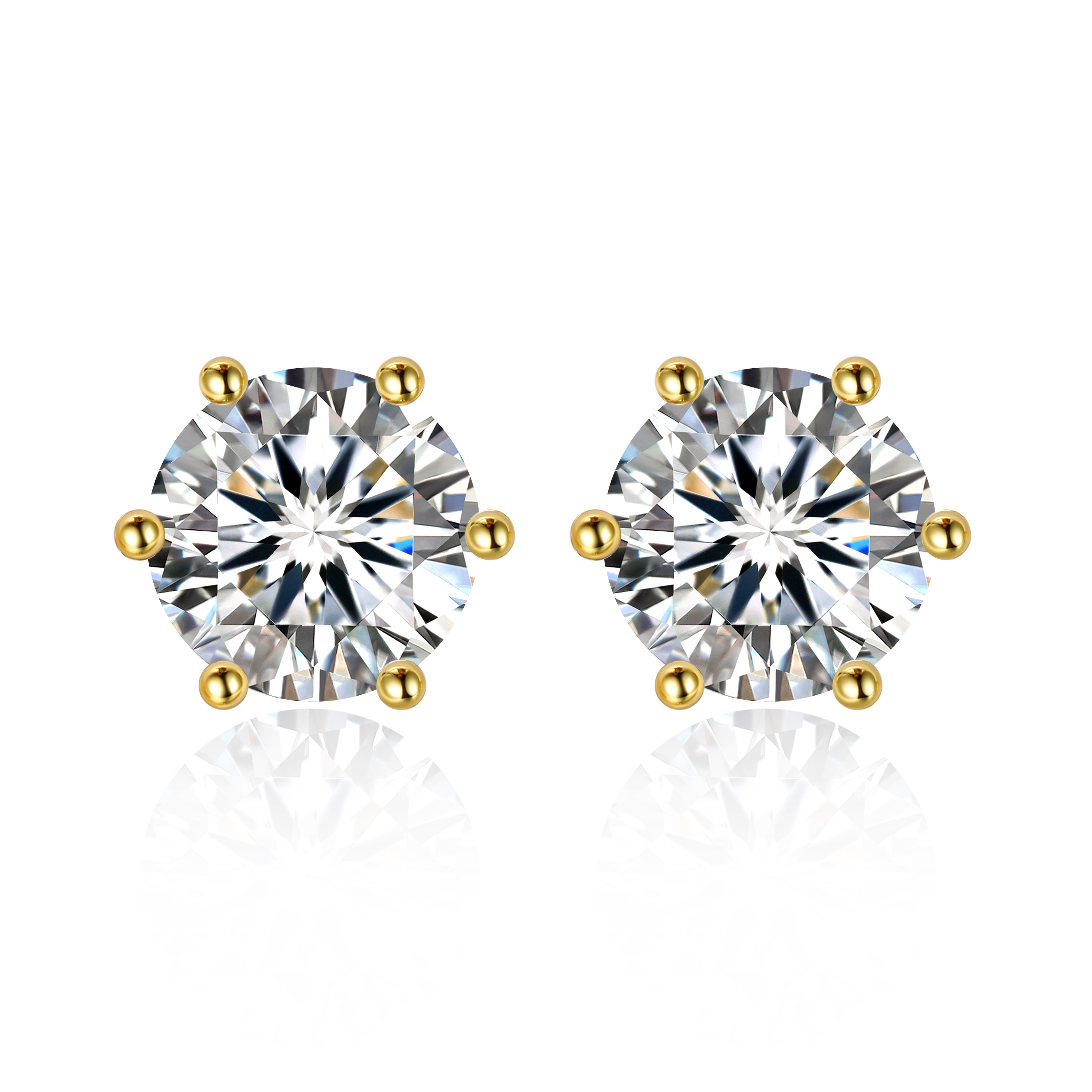 1.5 Carat Six-Prong Round Cut Moissanite Stud Earrings in Yellow Gold