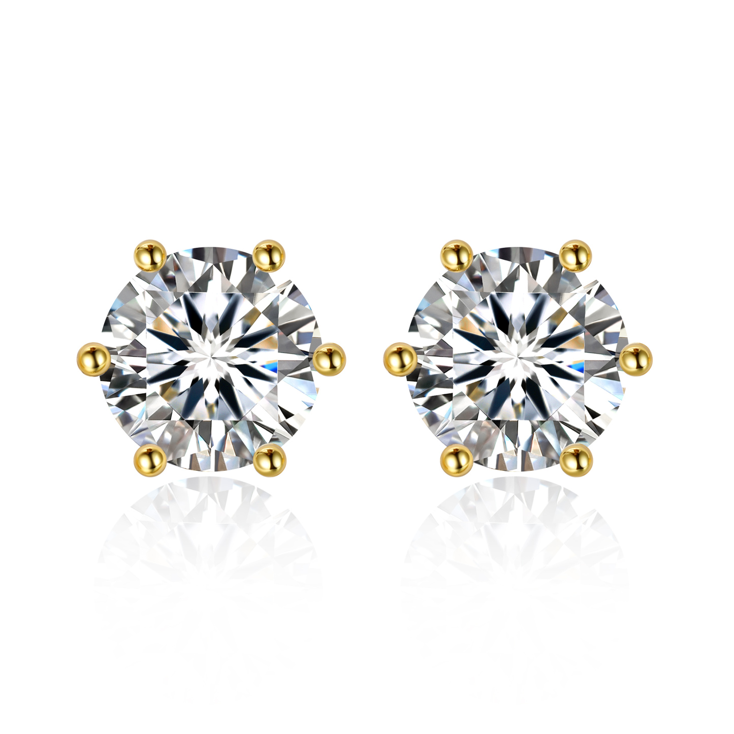 1.5 Carat Six-Prong Round Cut Moissanite Stud Earrings in Yellow Gold