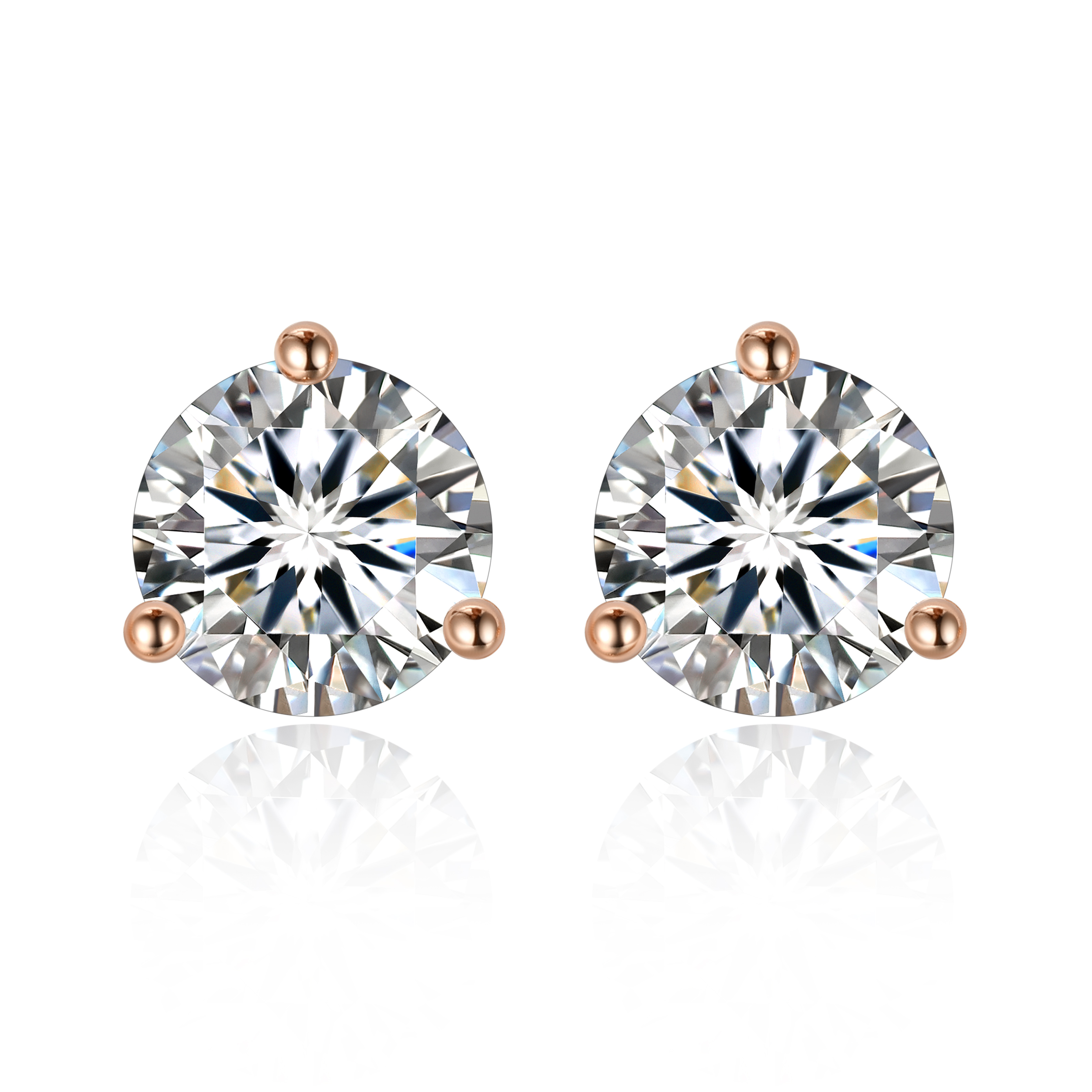 1.5 Carat Three-Prong Round Moissanite Stud Earrings in Rose Gold
