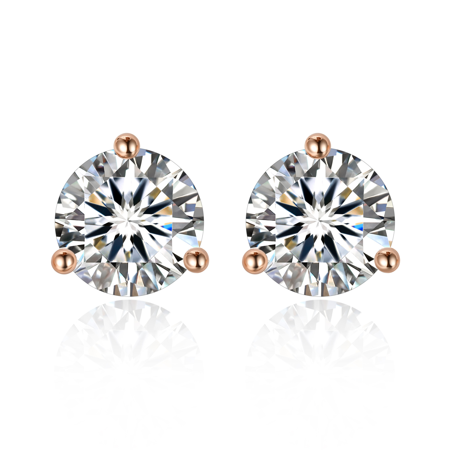 1.5 Carat Three-Prong Round Moissanite Stud Earrings in Rose Gold