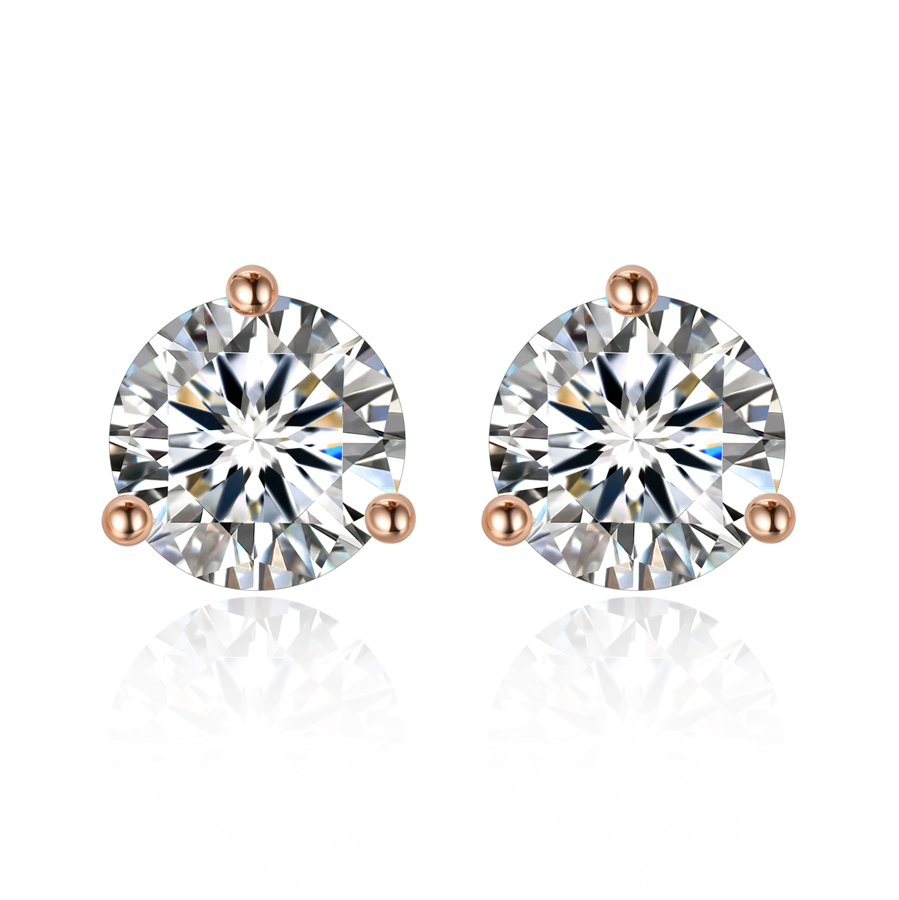1.5 Carat Three-Prong Round Moissanite Stud Earrings in Rose Gold
