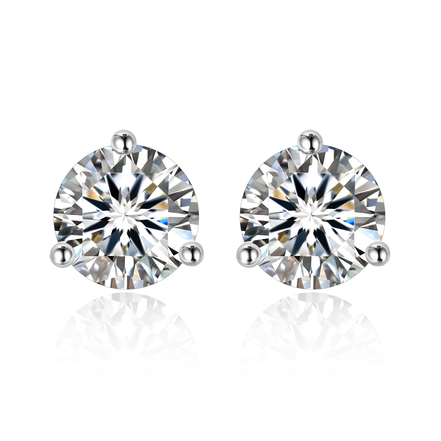 1.5 Carat Three-Prong Round Moissanite Stud Earrings in White Gold