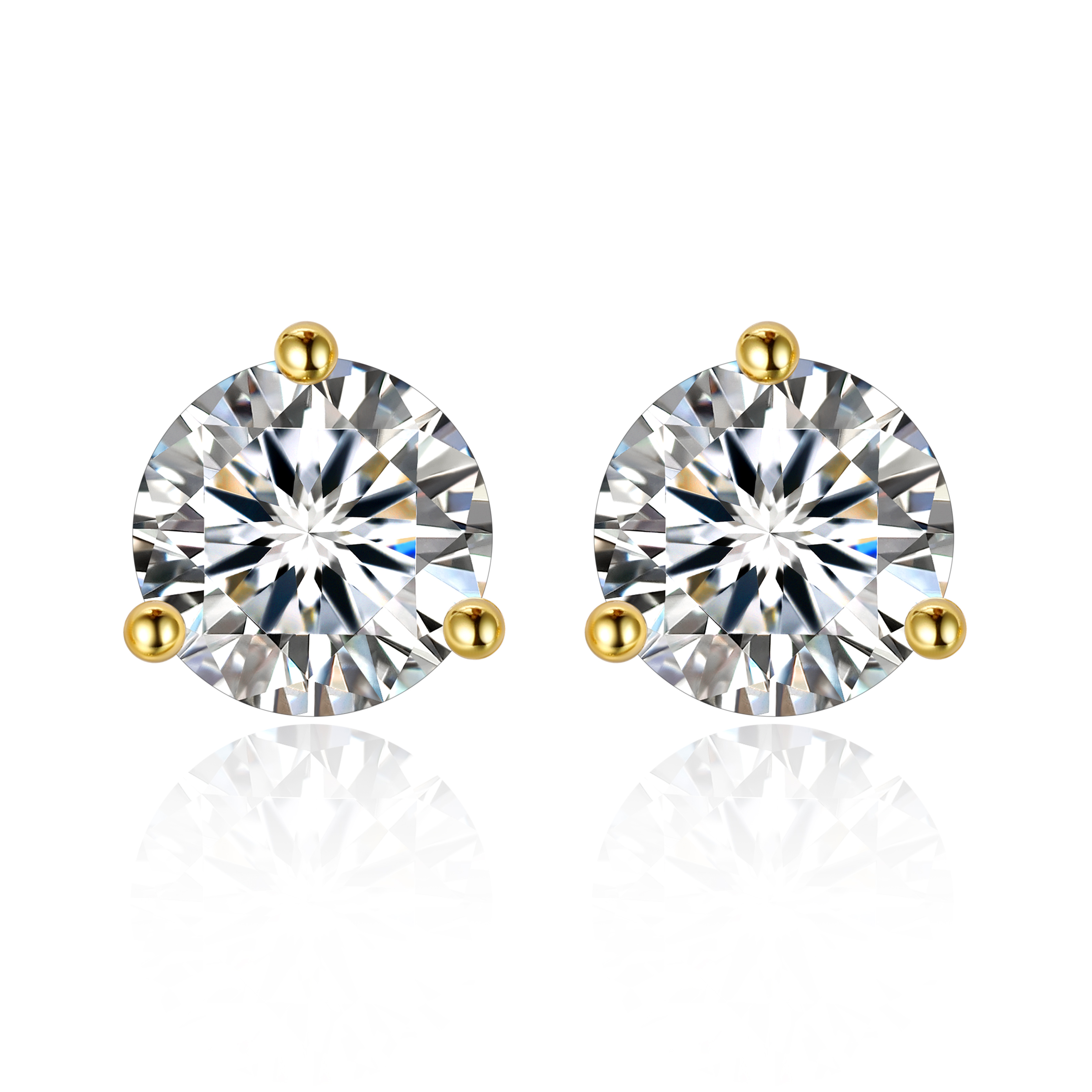 1.5 Carat Three-Prong Round Moissanite Stud Earrings in Yellow Gold
