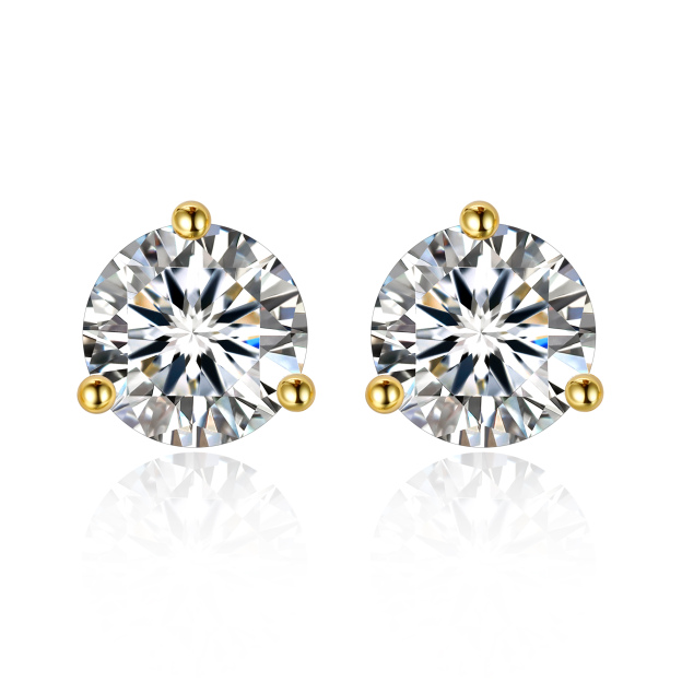 1.5 Carat Three-Prong Round Moissanite Stud Earrings in Yellow Gold