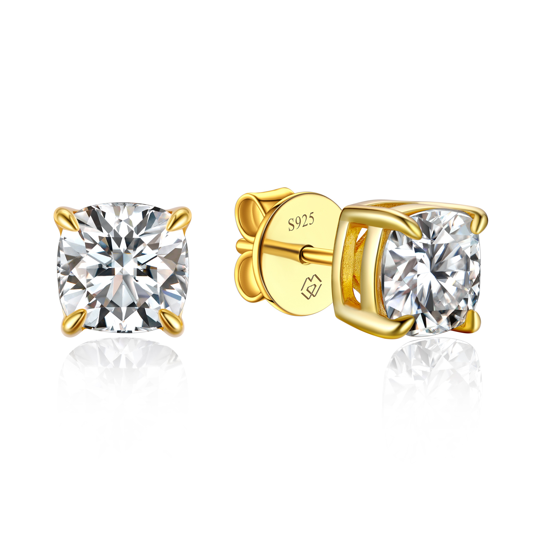 1 Carat Four-Prong Cushion Cut Moissanite Stud Earrings in Yellow Gold-02