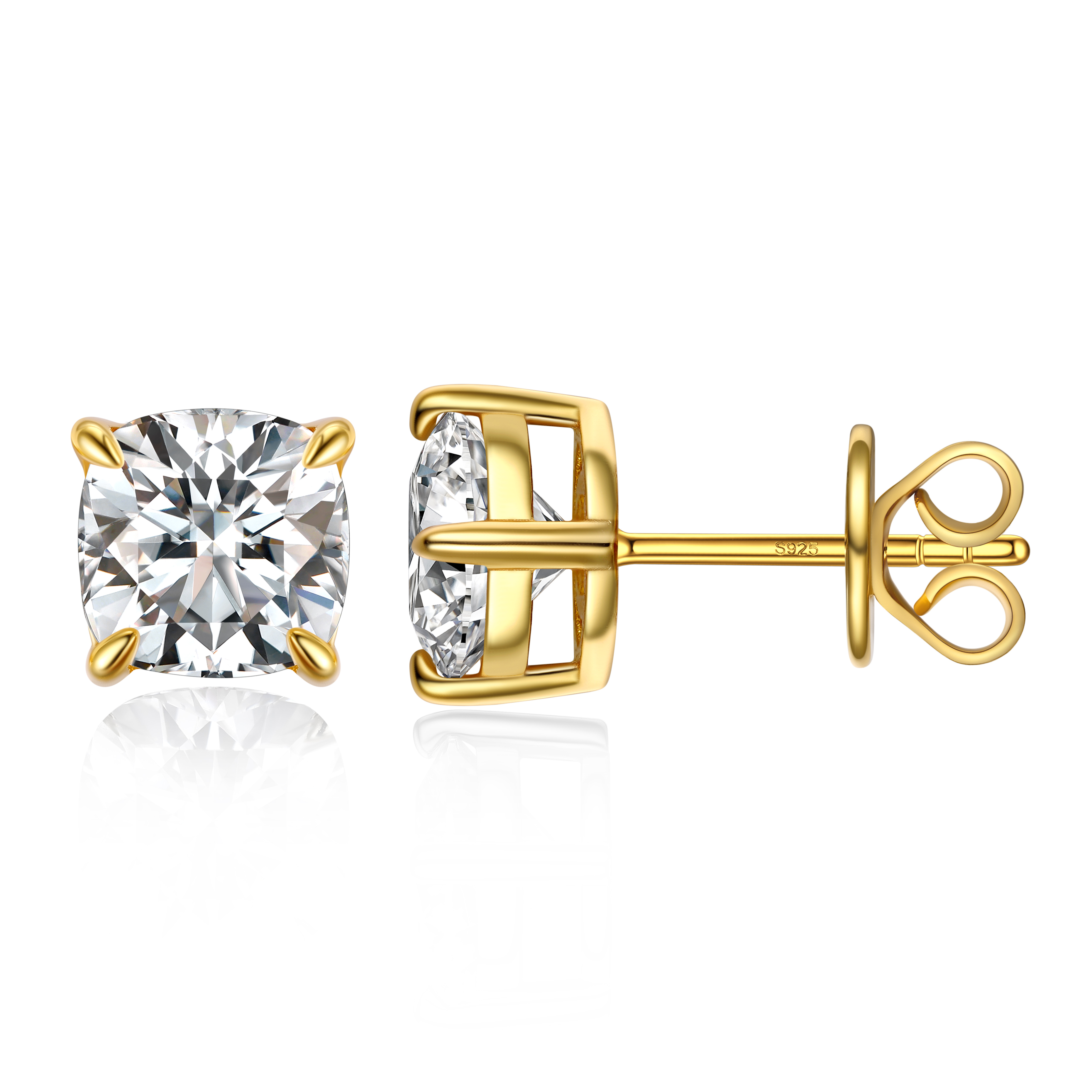 1 Carat Four-Prong Cushion Cut Moissanite Stud Earrings in Yellow Gold-03