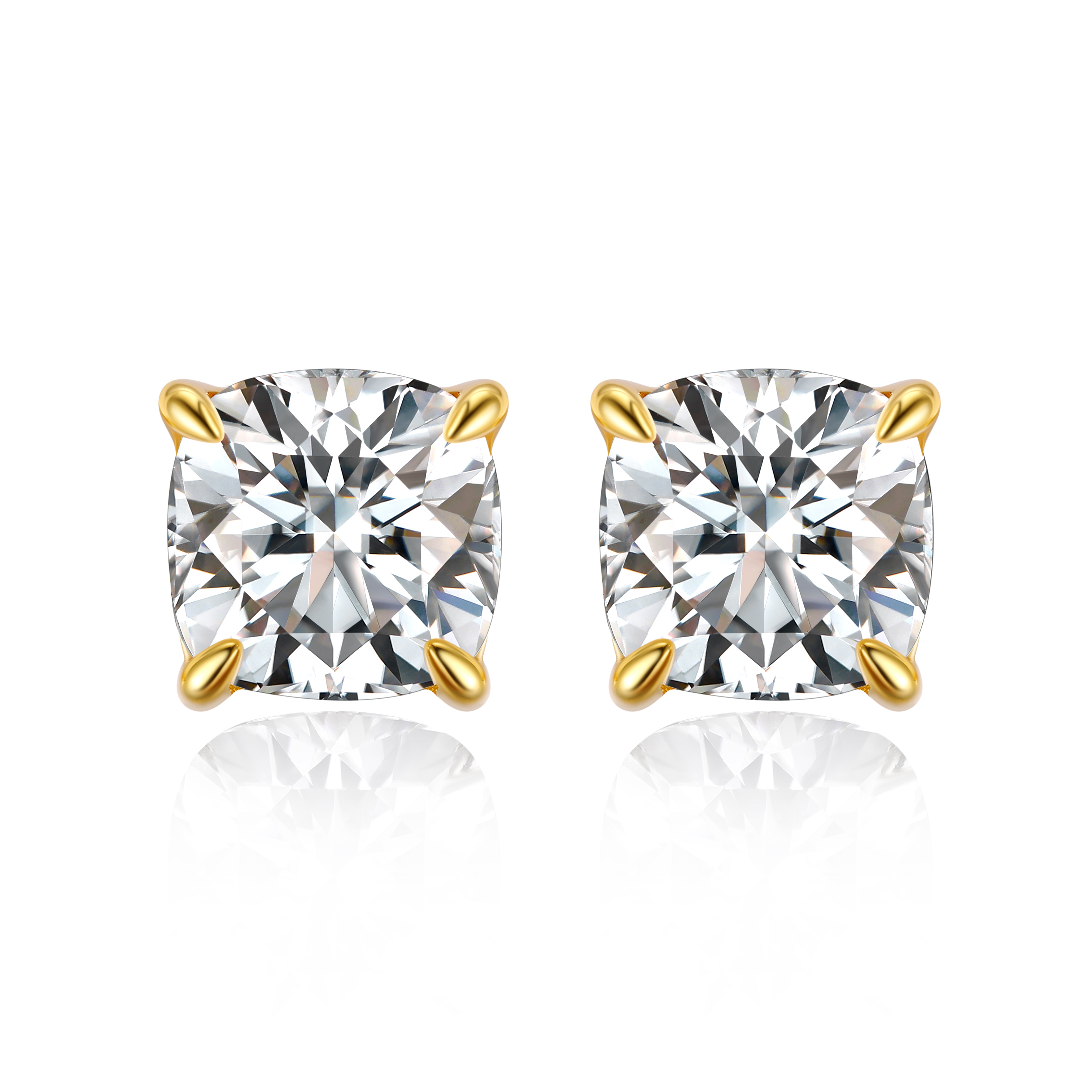 1 Carat Four-Prong Cushion Cut Moissanite Stud Earrings in Yellow Gold