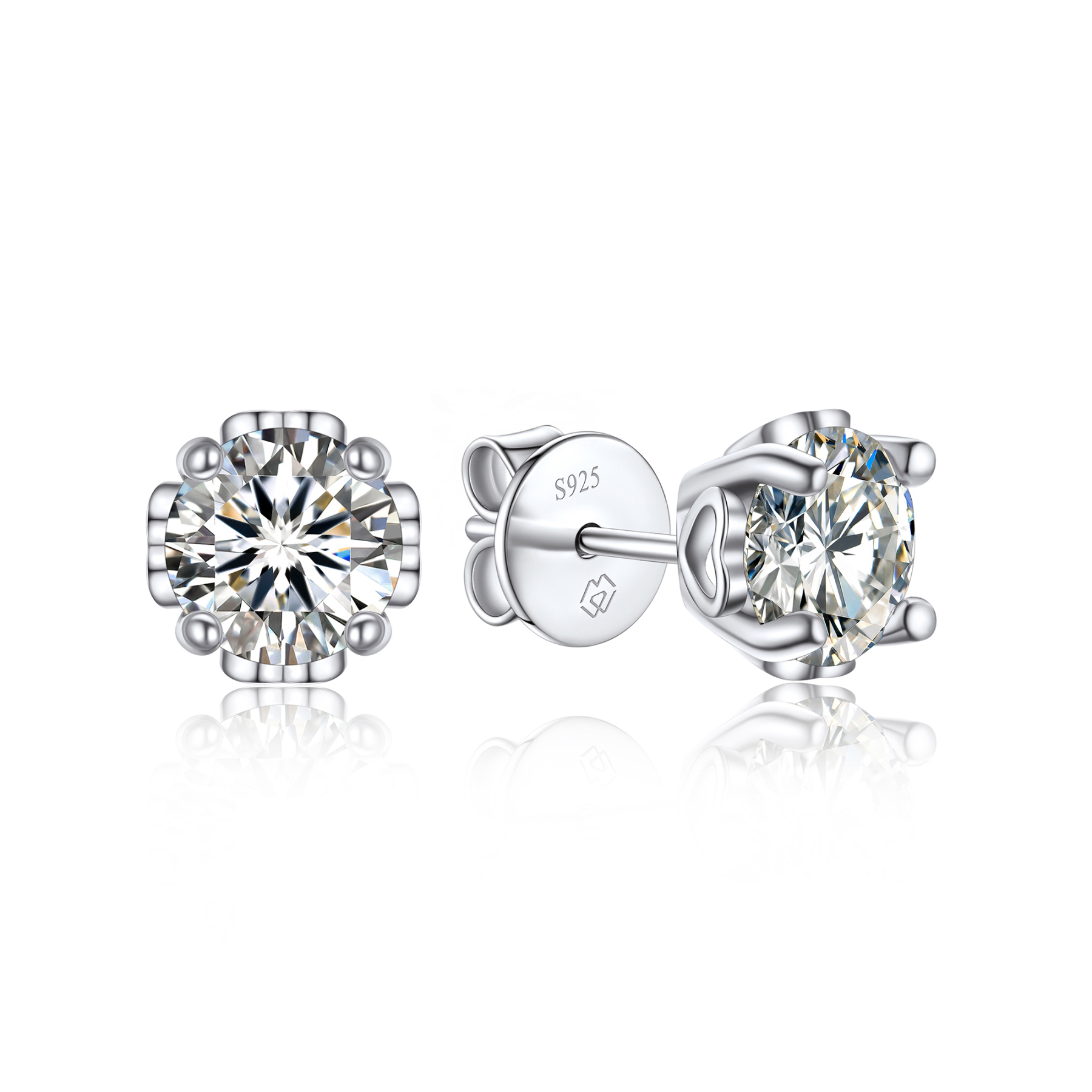 1 Carat Four-Prong Round Cut Moissanite Stud Earrings with Side Heart in White Gold-02