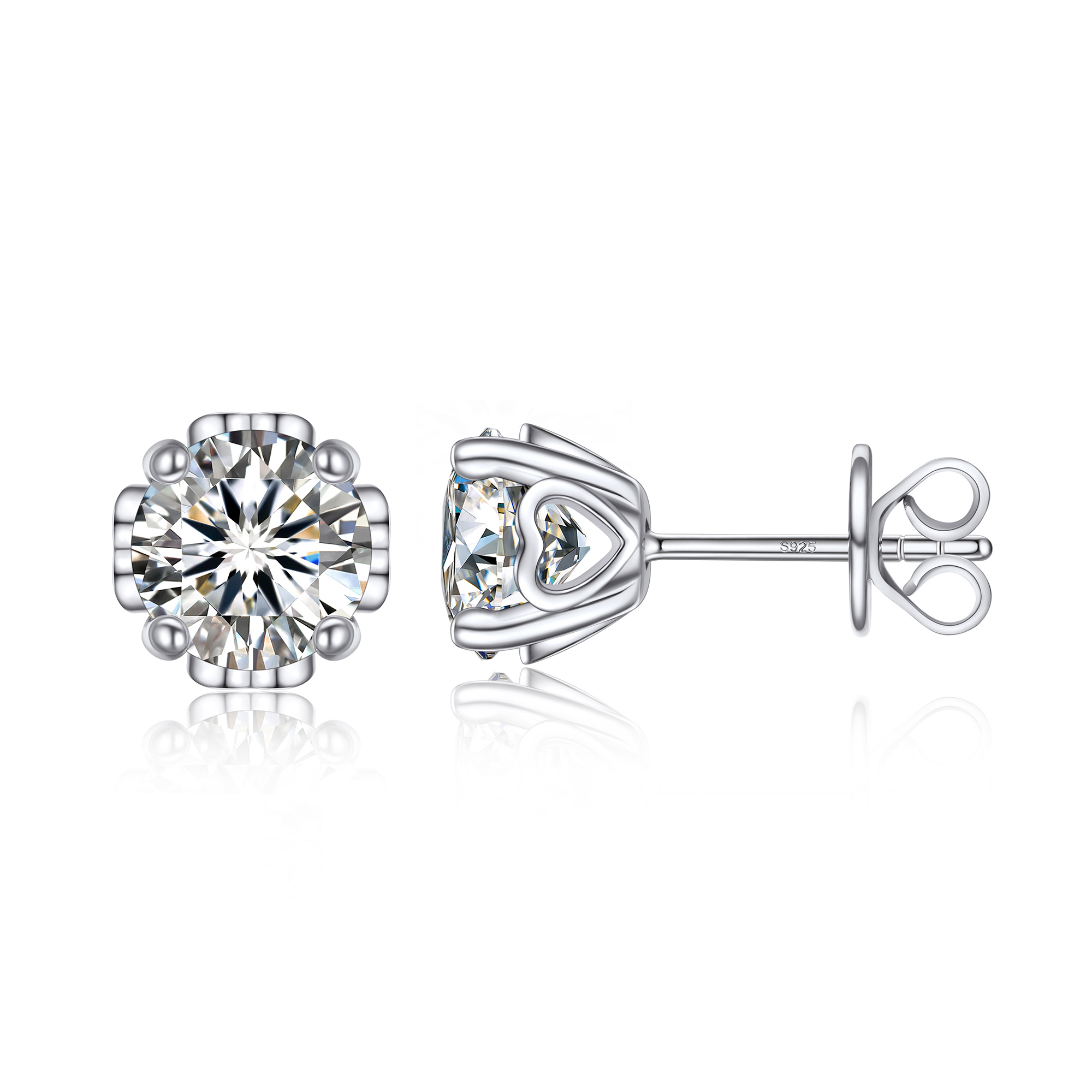 1 Carat Four-Prong Round Cut Moissanite Stud Earrings with Side Heart in White Gold-03