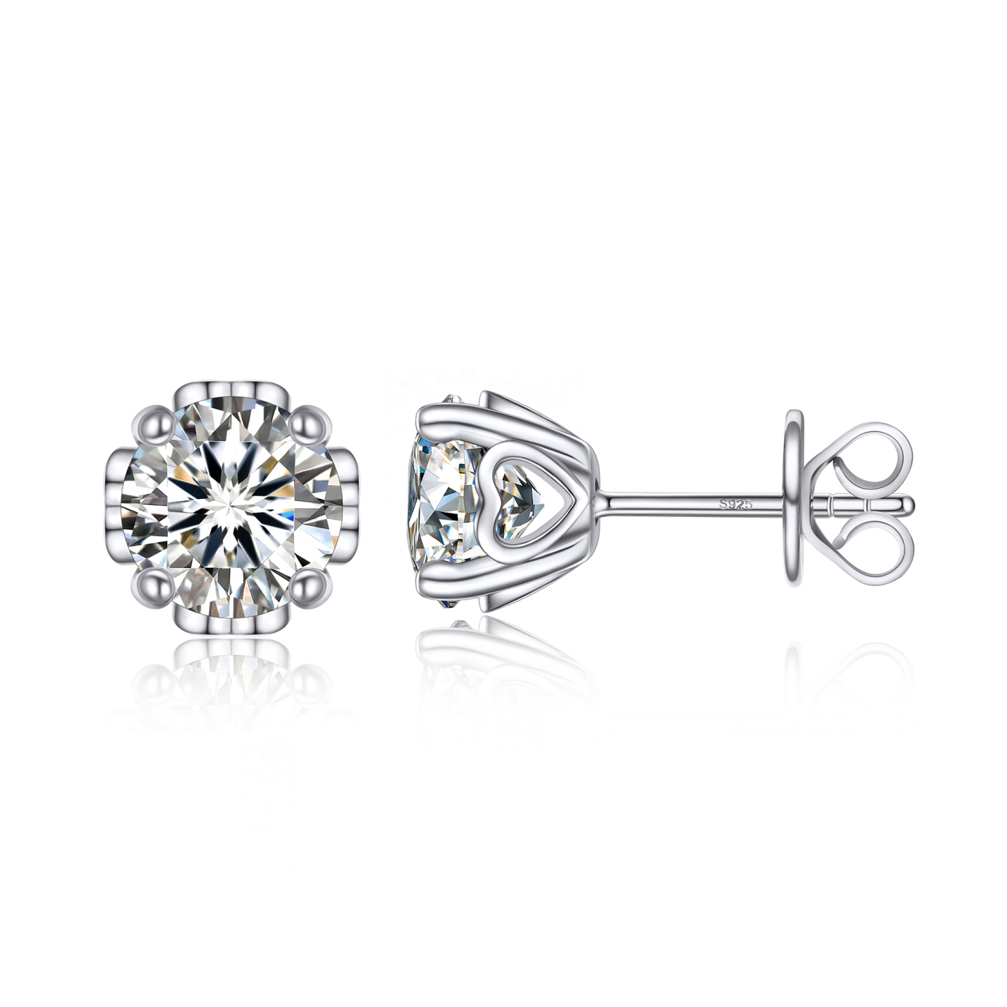 1 Carat Four-Prong Round Cut Moissanite Stud Earrings with Side Heart in White Gold-03