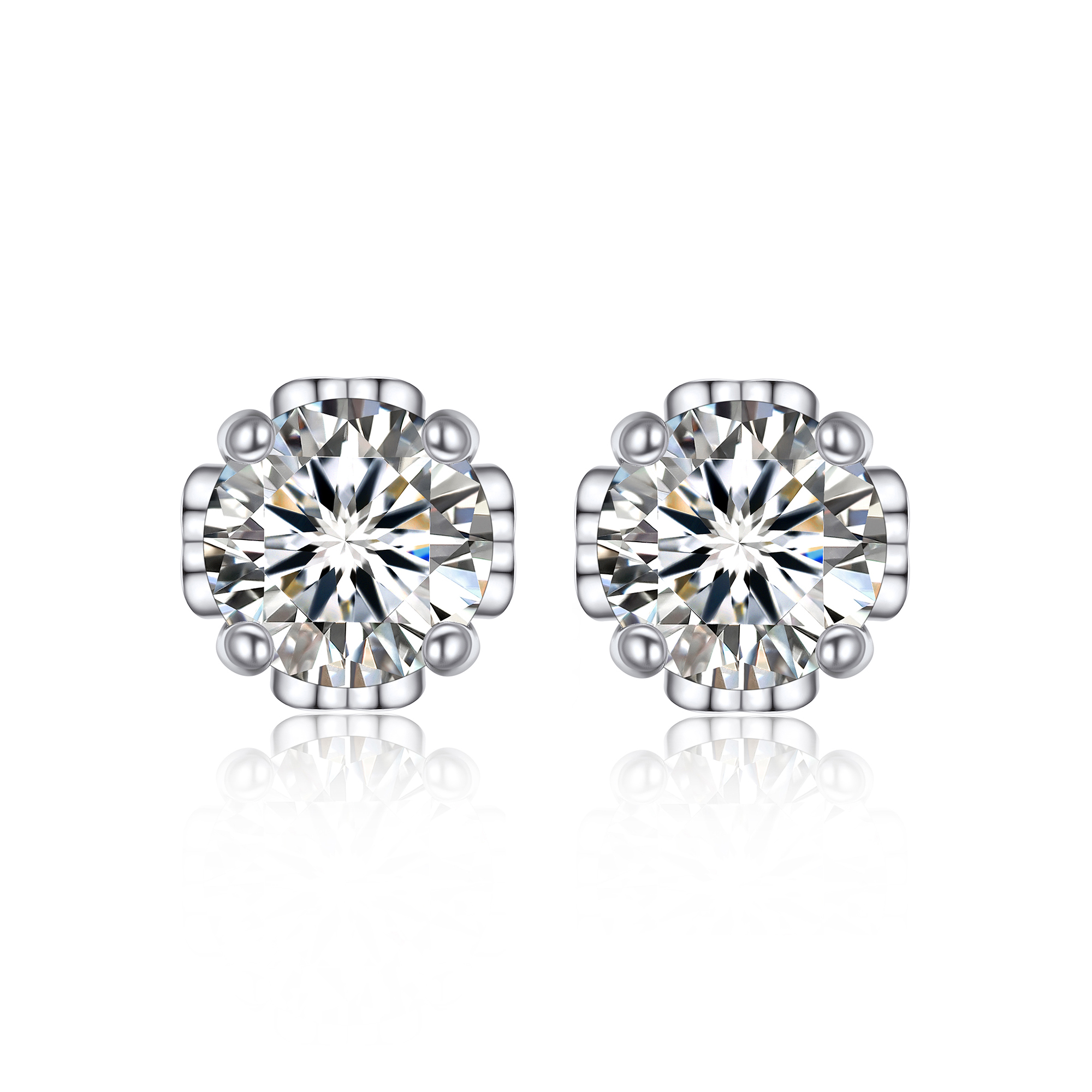 1 Carat Four-Prong Round Cut Moissanite Stud Earrings with Side Heart in White Gold
