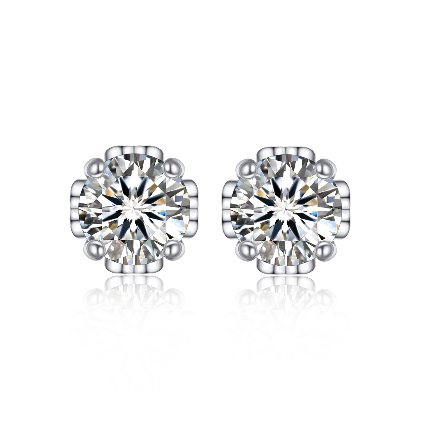 1 Carat Four-Prong Round Cut Moissanite Stud Earrings with Side Heart in White Gold