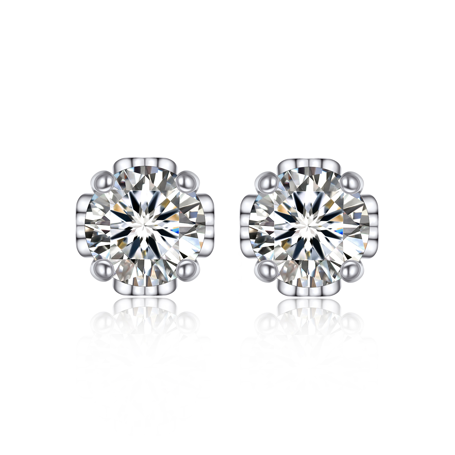1 Carat Four-Prong Round Cut Moissanite Stud Earrings with Side Heart in White Gold