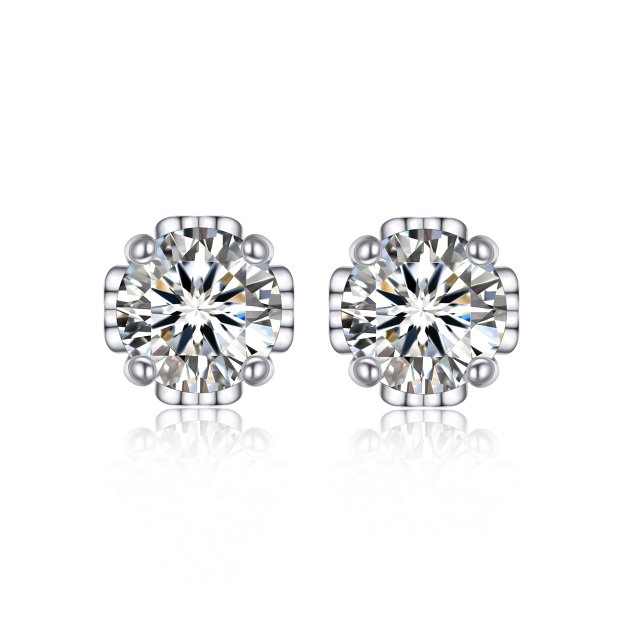1 Carat Four-Prong Round Cut Moissanite Stud Earrings with Side Heart in White Gold