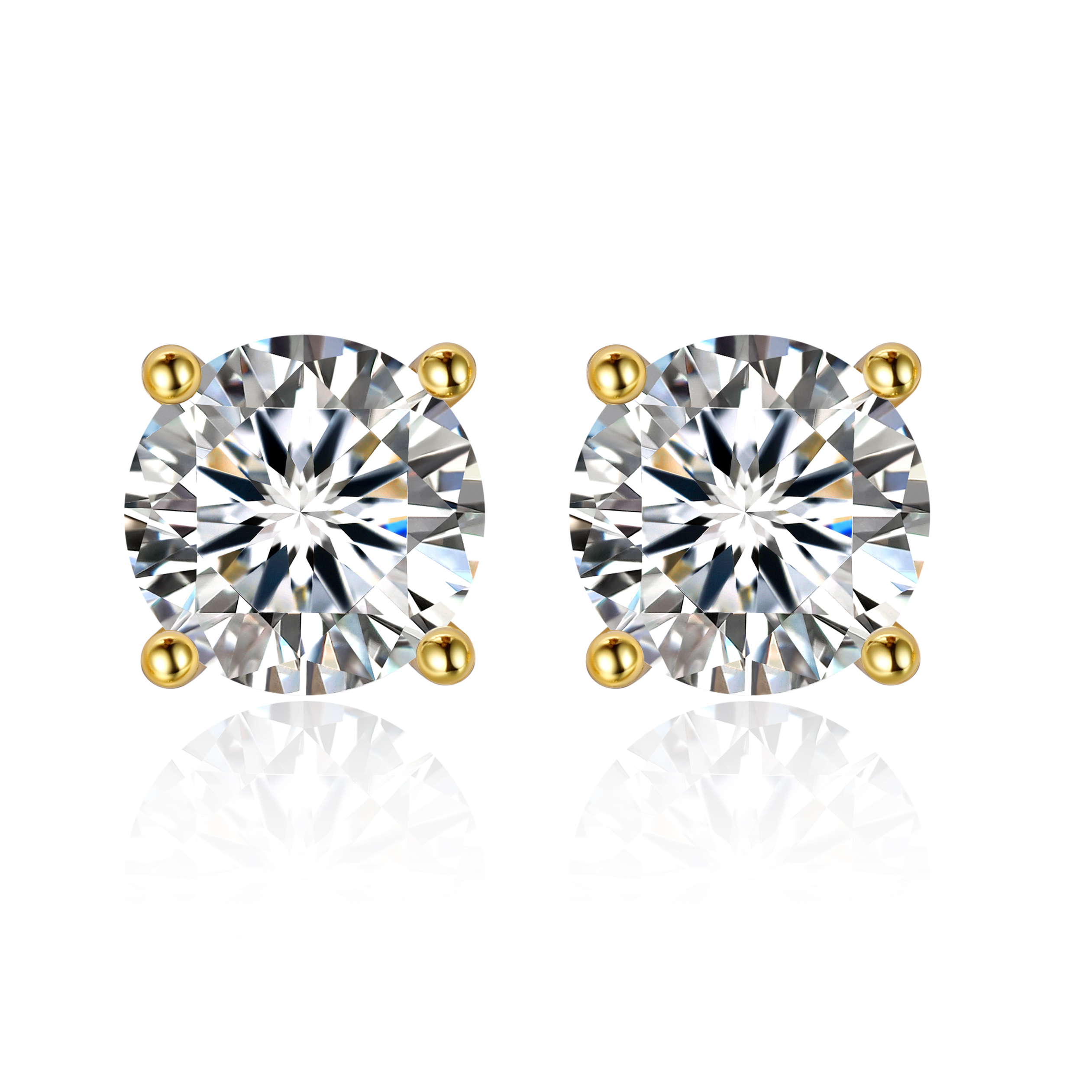 1 Carat Four Prong Round Moissanite Stud Earrings in Yellow Gold