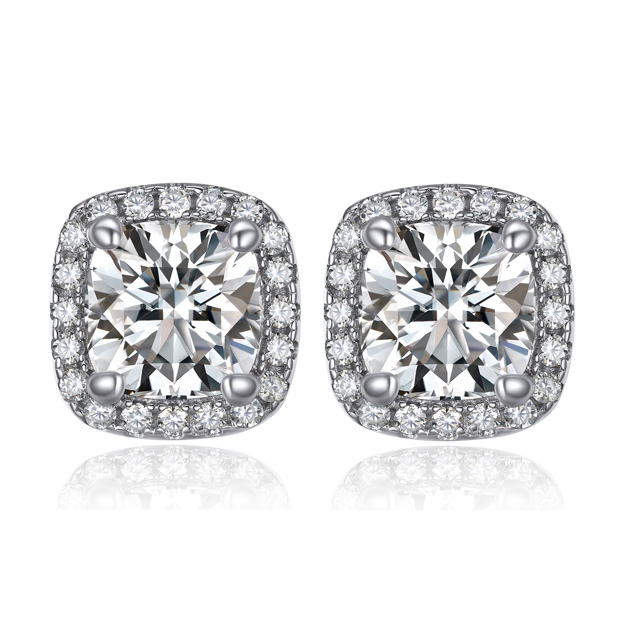 1 Carat Halo Cushion Cut Moissanite Stud Earrings in White Gold