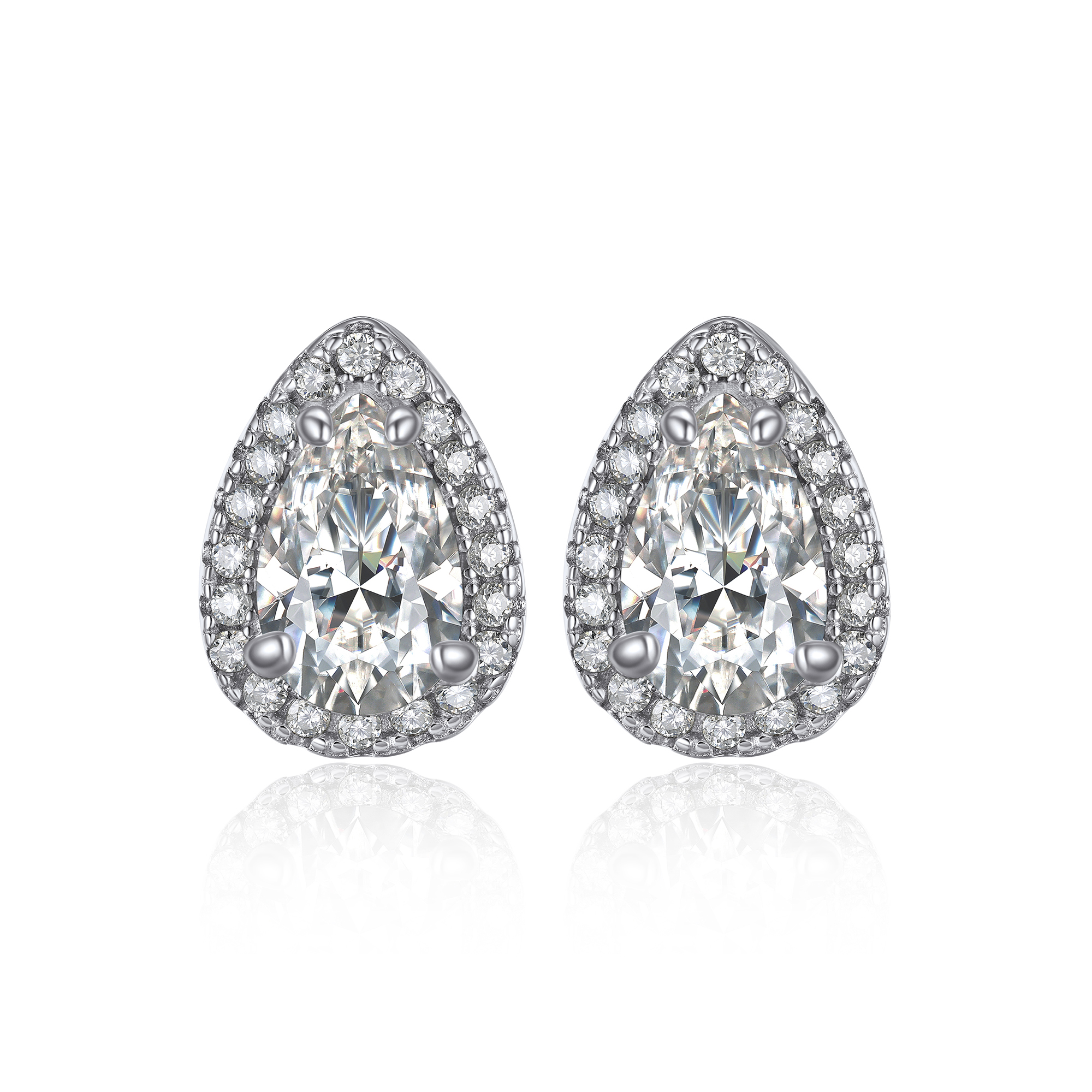 1 Carat Halo Pear Cut Moissanite Stud Earrings in White Gold