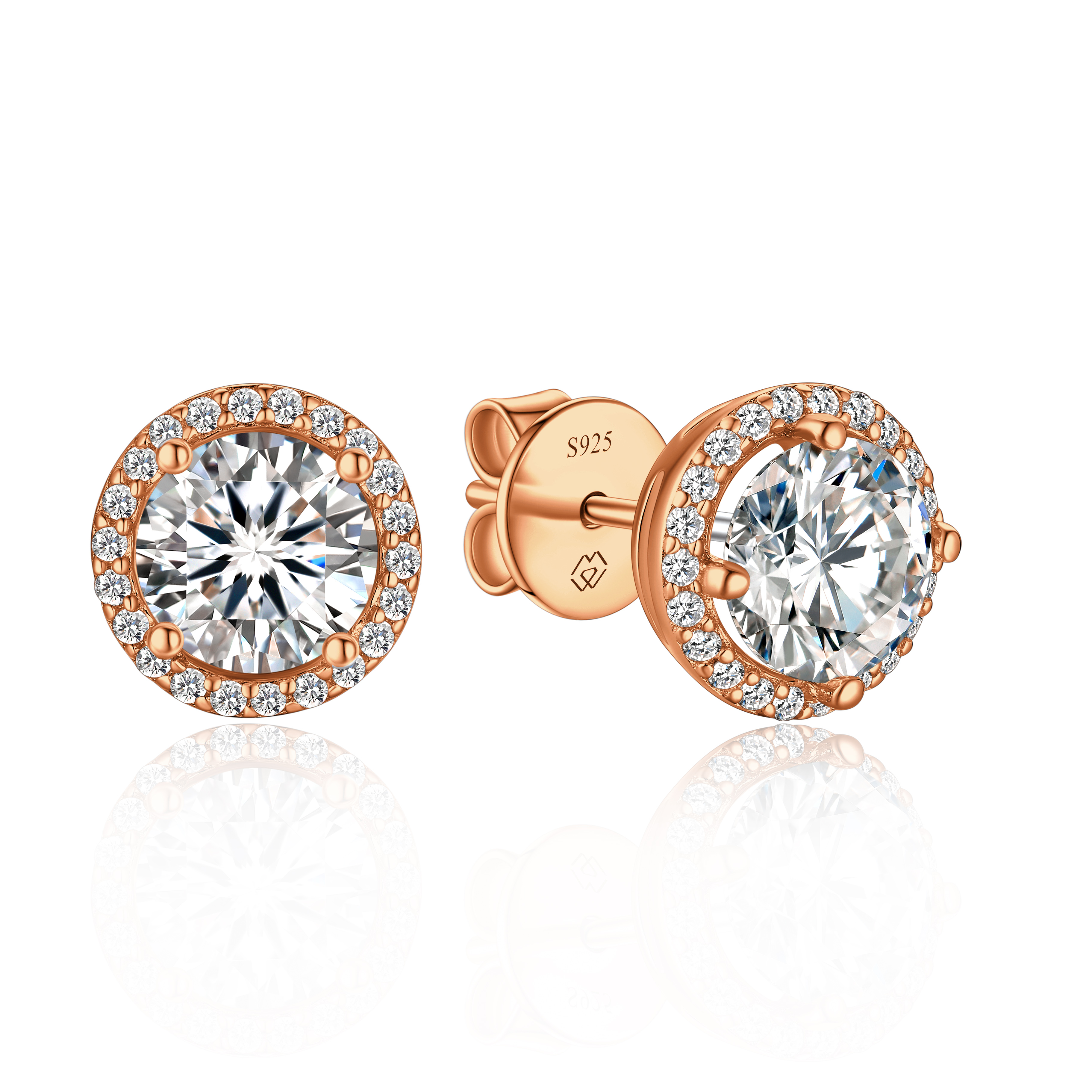1 Carat Halo Round Moissanite Stud Earrings in Rose Gold