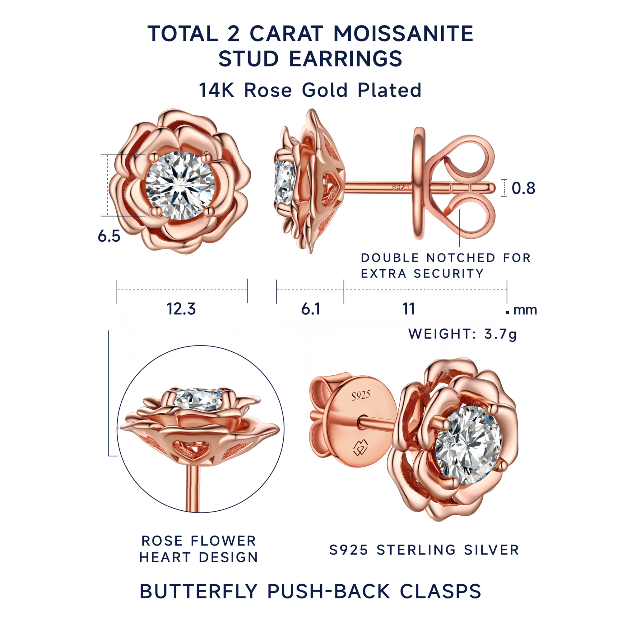 1 Carat Rose Flower Moissanite Stud Earrings in Rose Gold Details - Earrings Size, Material
