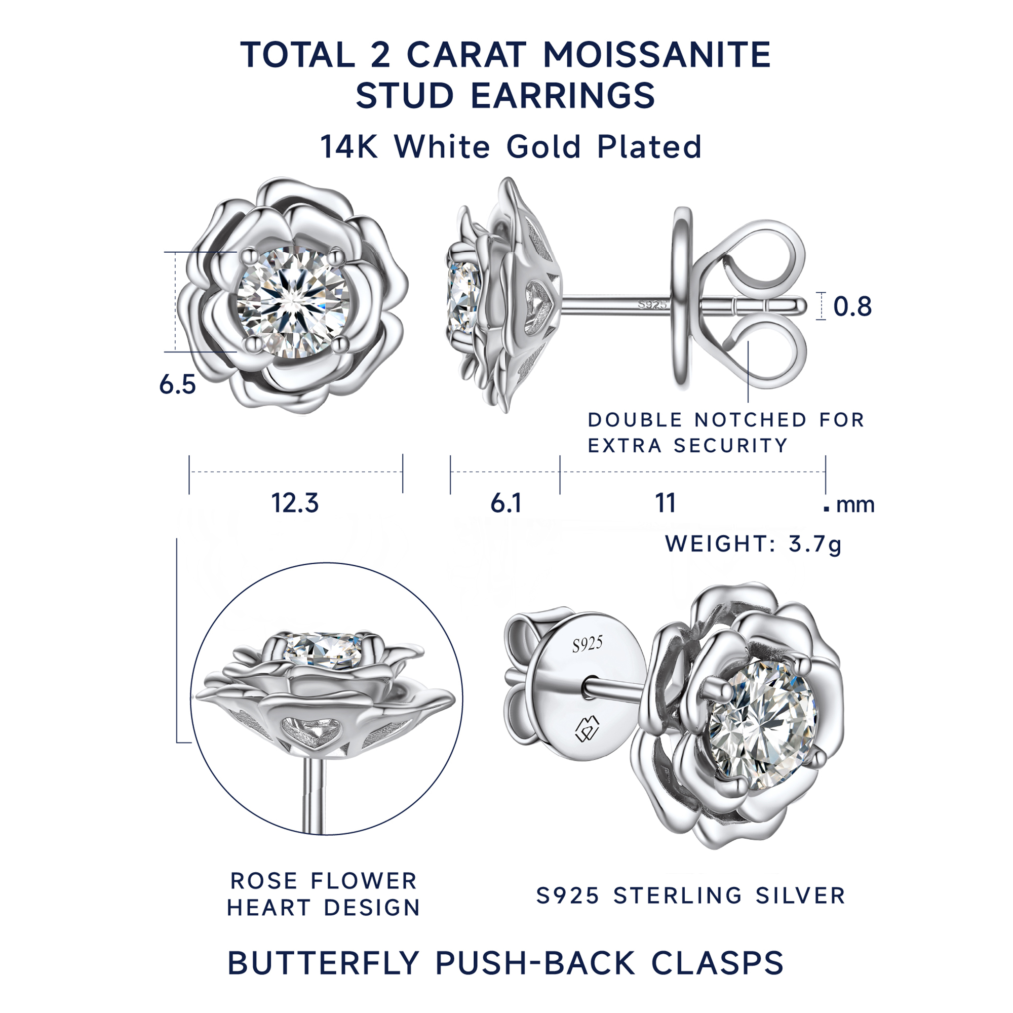 1 Carat Rose Moissanite Stud Earrings in White Gold Details - Earrings Size, Material
