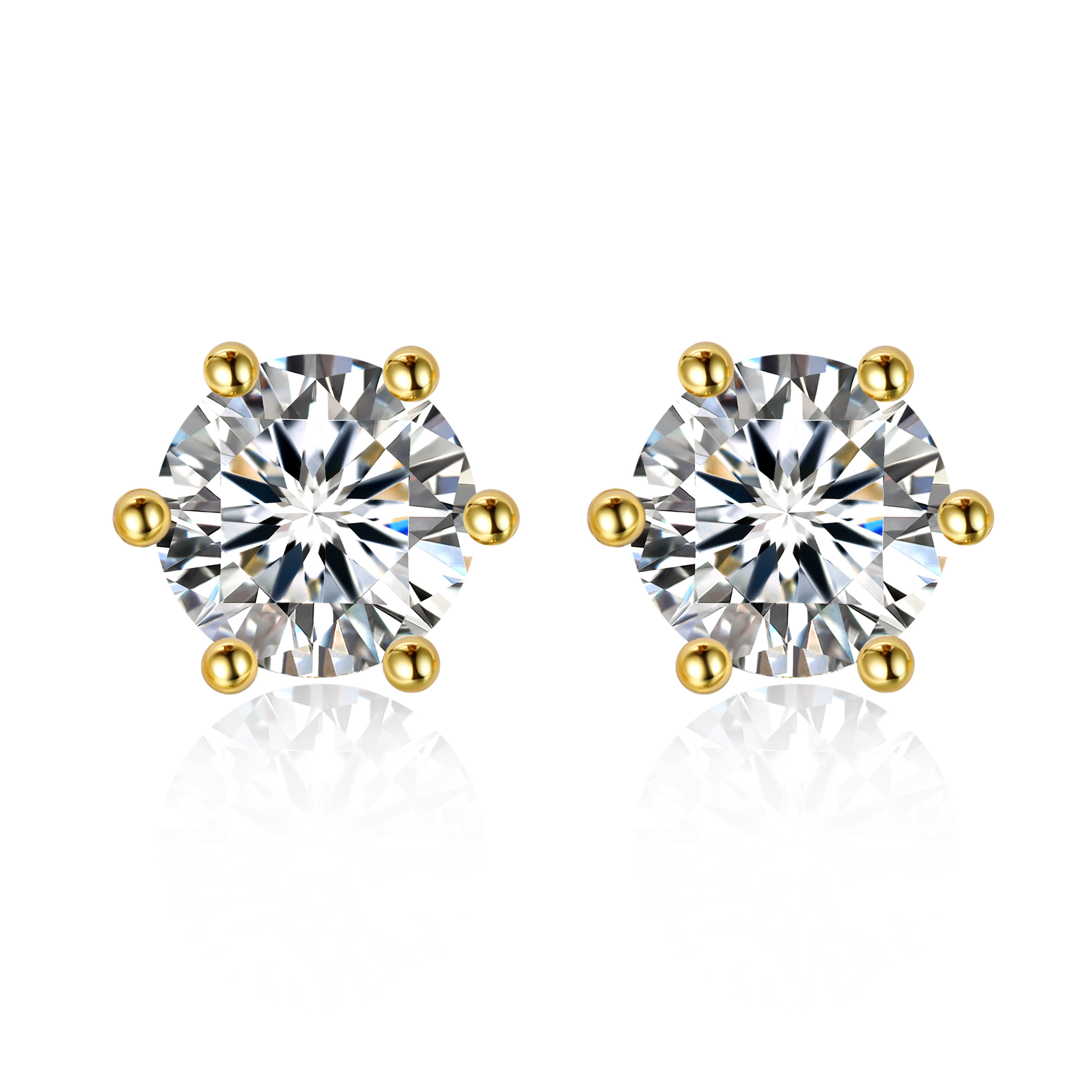 1 Carat Six-Prong Round Cut Moissanite Stud Earrings in Yellow Gold