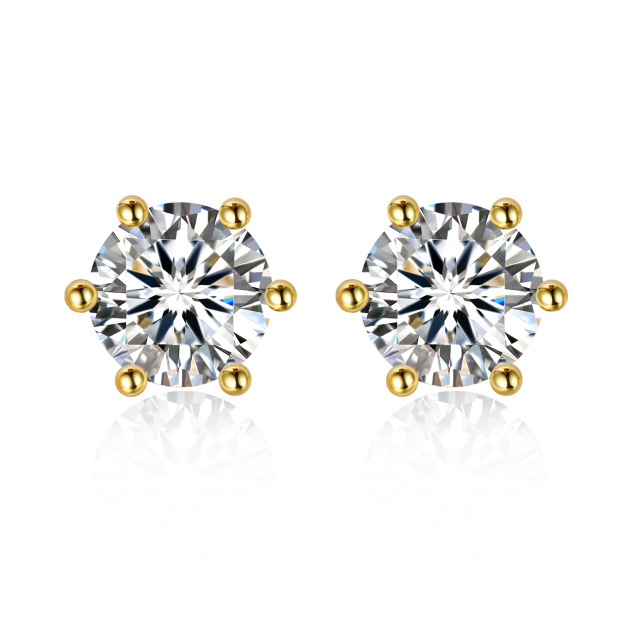1 Carat Six-Prong Round Cut Moissanite Stud Earrings in Yellow Gold