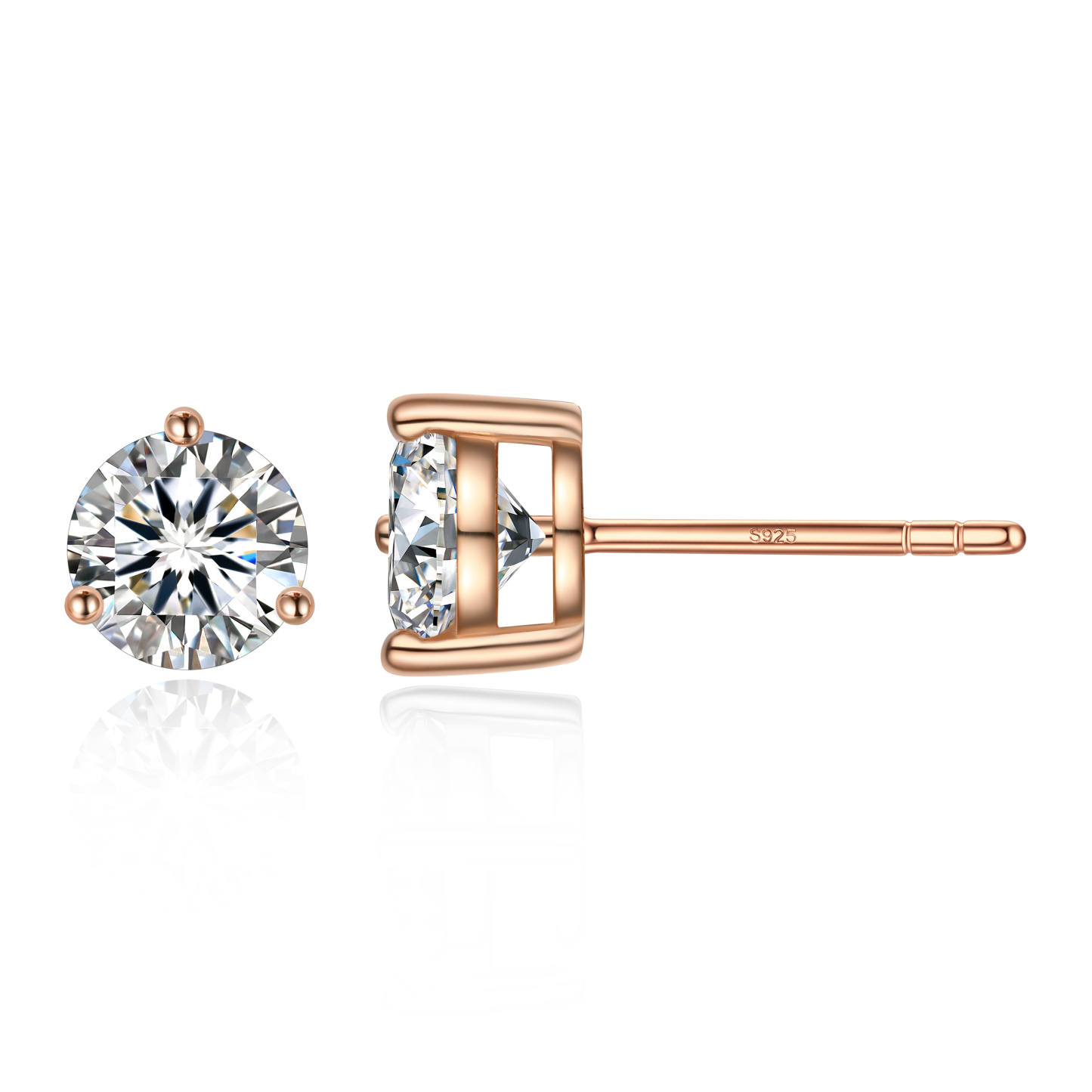 1 Carat Three-Prong Round Moissanite Stud Earrings in Rose Gold-03