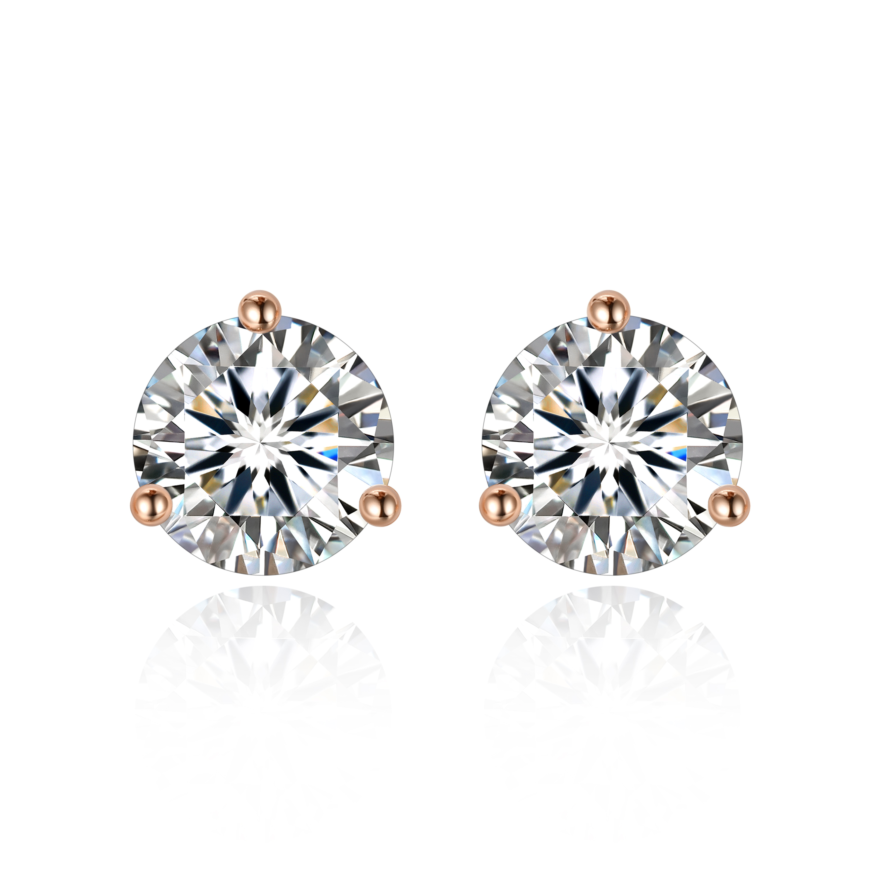 1 Carat Three-Prong Round Moissanite Stud Earrings in Rose Gold