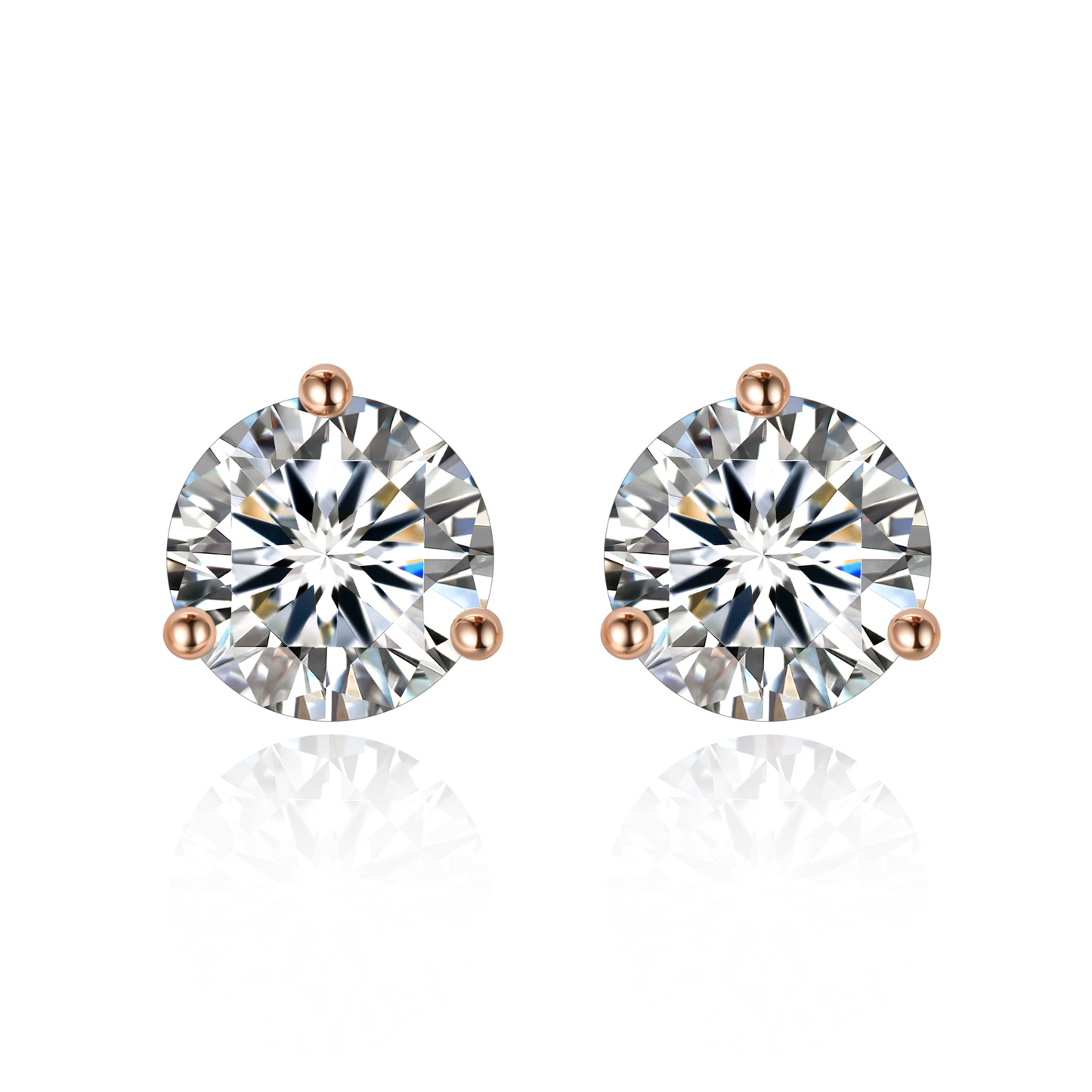 1 Carat Three-Prong Round Moissanite Stud Earrings in Rose Gold