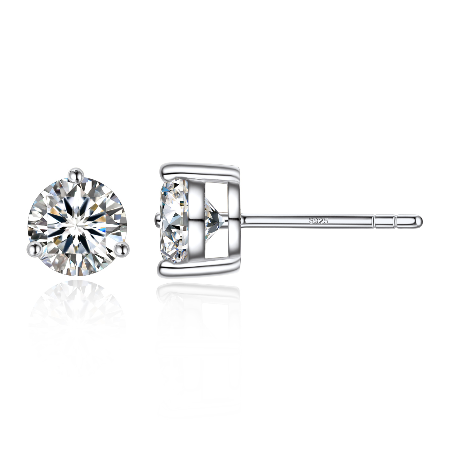 1 Carat Three-Prong Round Moissanite Stud Earrings in White Gold-03