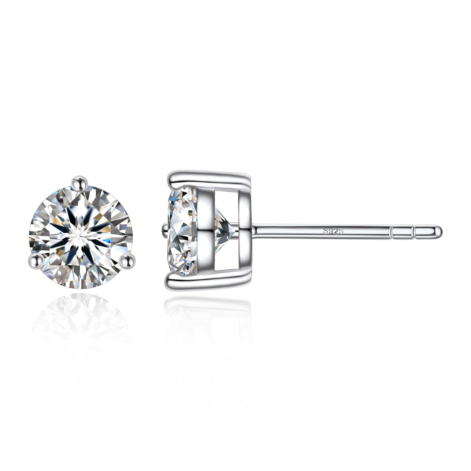 1 Carat Three-Prong Round Moissanite Stud Earrings in White Gold-03