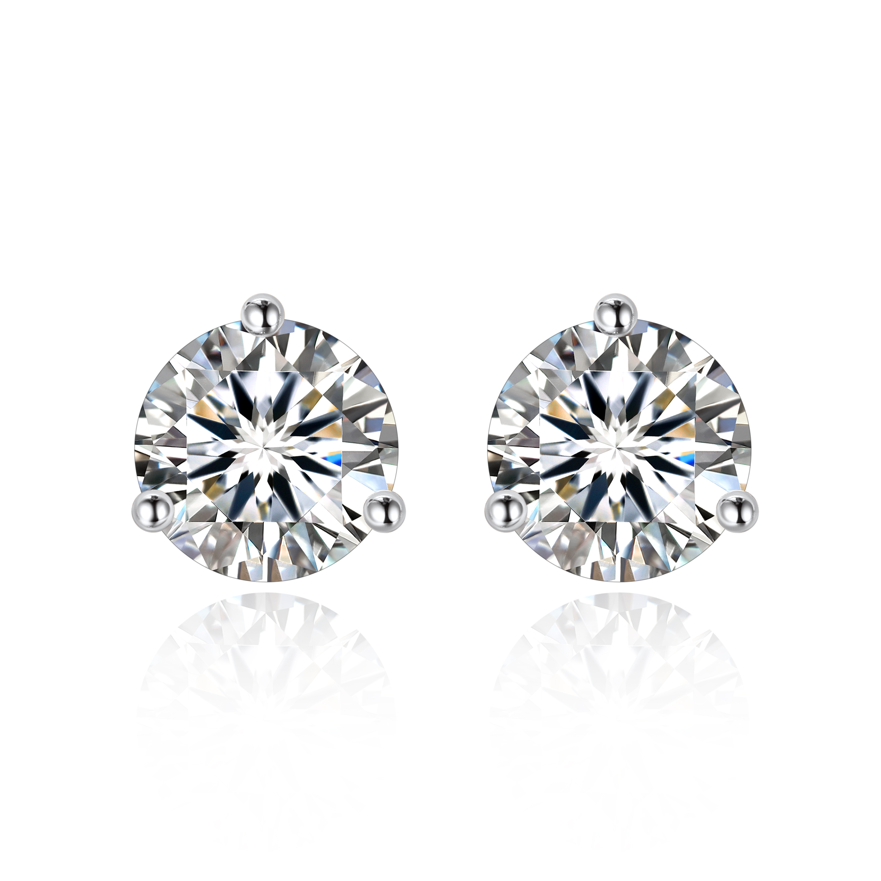 1 Carat Three-Prong Round Moissanite Stud Earrings in White Gold